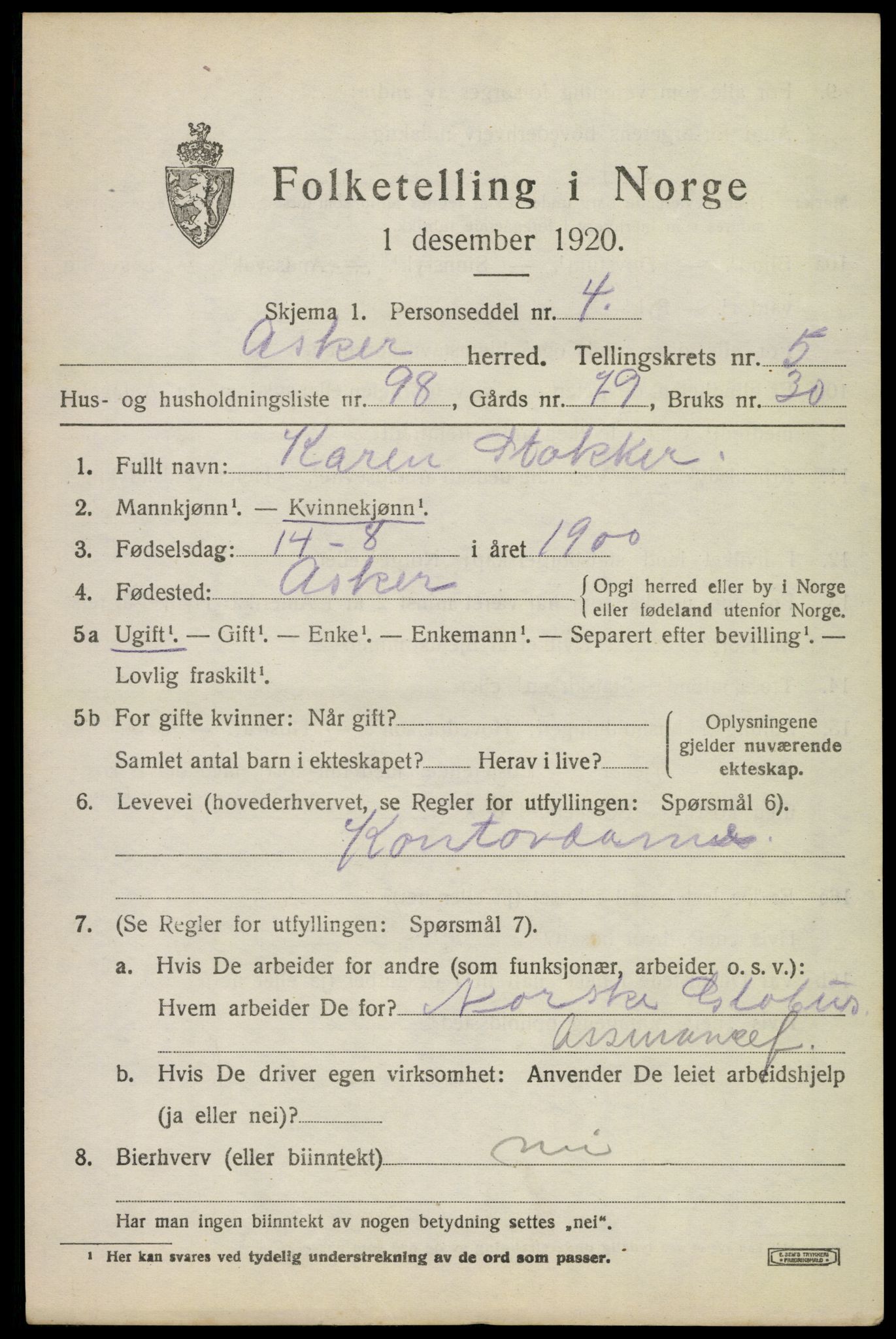 SAO, 1920 census for Asker, 1920, p. 13940