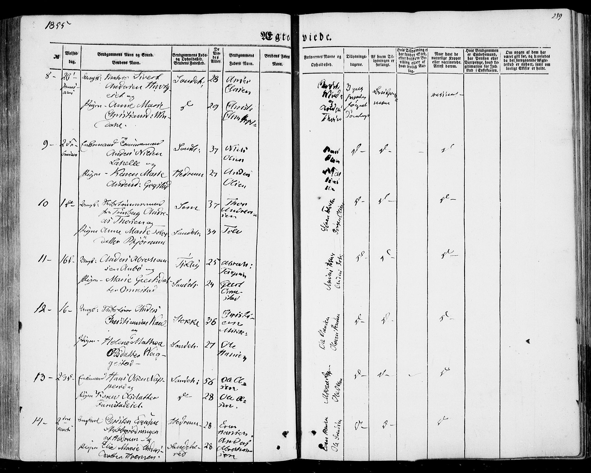 Sandar kirkebøker, AV/SAKO-A-243/F/Fa/L0007: Parish register (official) no. 7, 1855-1861, p. 289