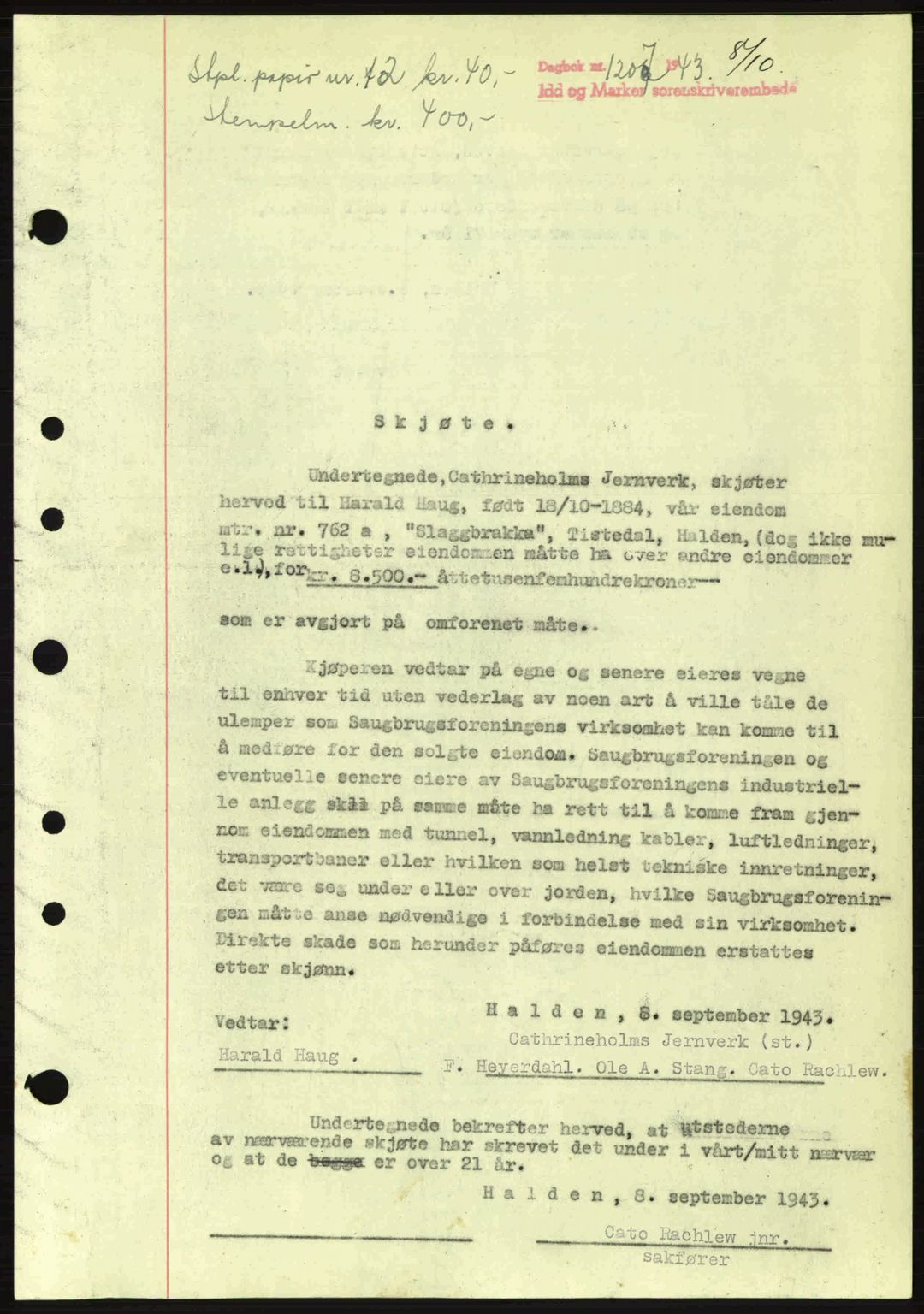 Idd og Marker sorenskriveri, AV/SAO-A-10283/G/Gb/Gbb/L0006: Mortgage book no. A6, 1943-1944, Diary no: : 1207/1943