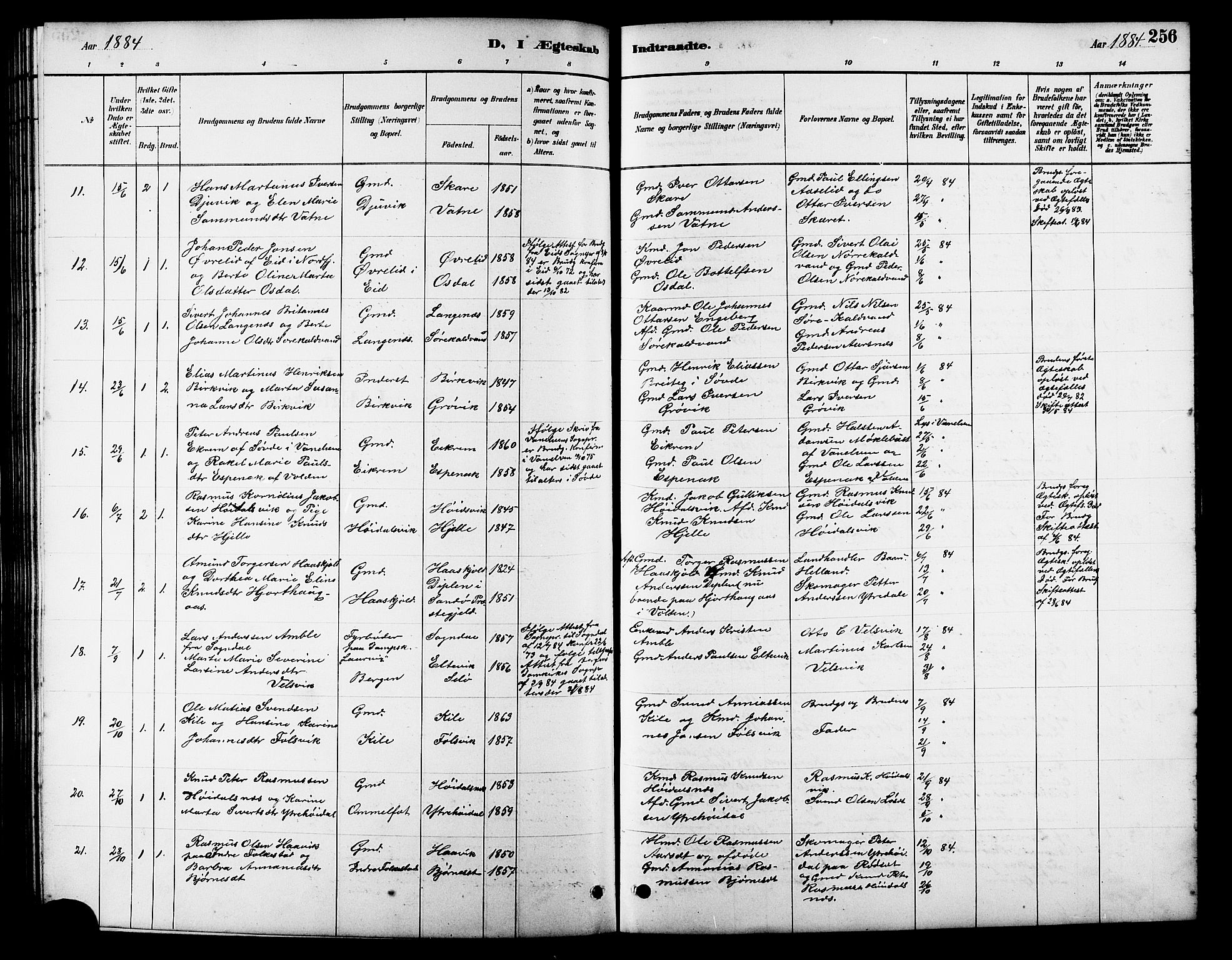 Ministerialprotokoller, klokkerbøker og fødselsregistre - Møre og Romsdal, AV/SAT-A-1454/511/L0158: Parish register (copy) no. 511C04, 1884-1903, p. 256