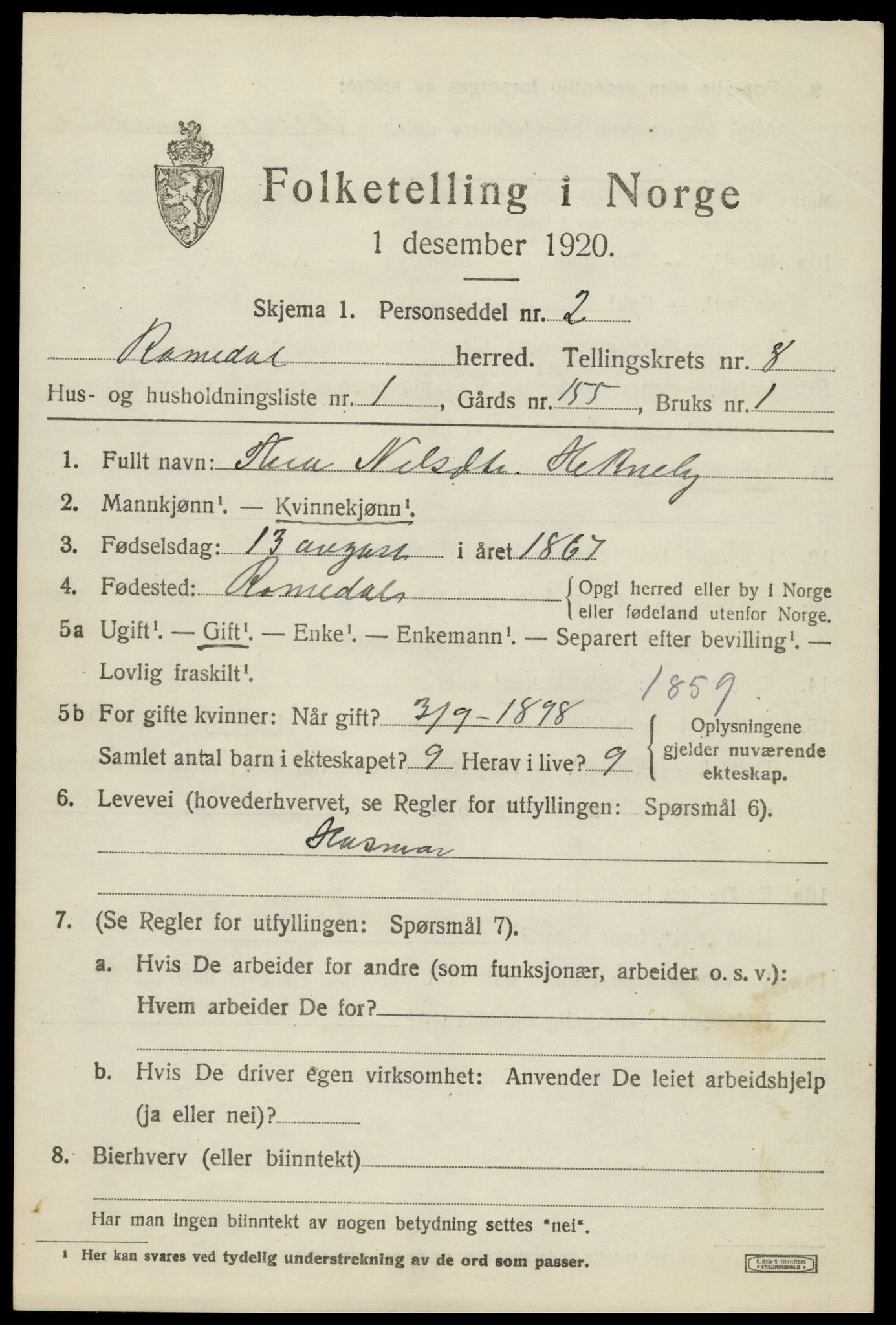 SAH, 1920 census for Romedal, 1920, p. 9567