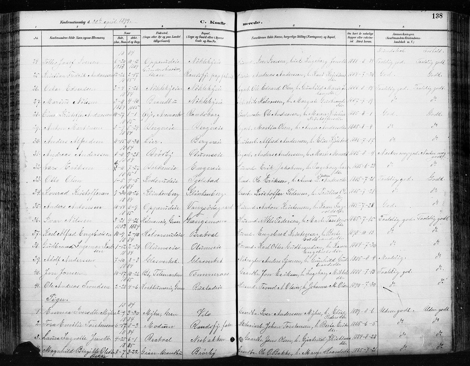 Jevnaker prestekontor, SAH/PREST-116/H/Ha/Haa/L0009: Parish register (official) no. 9, 1891-1901, p. 138
