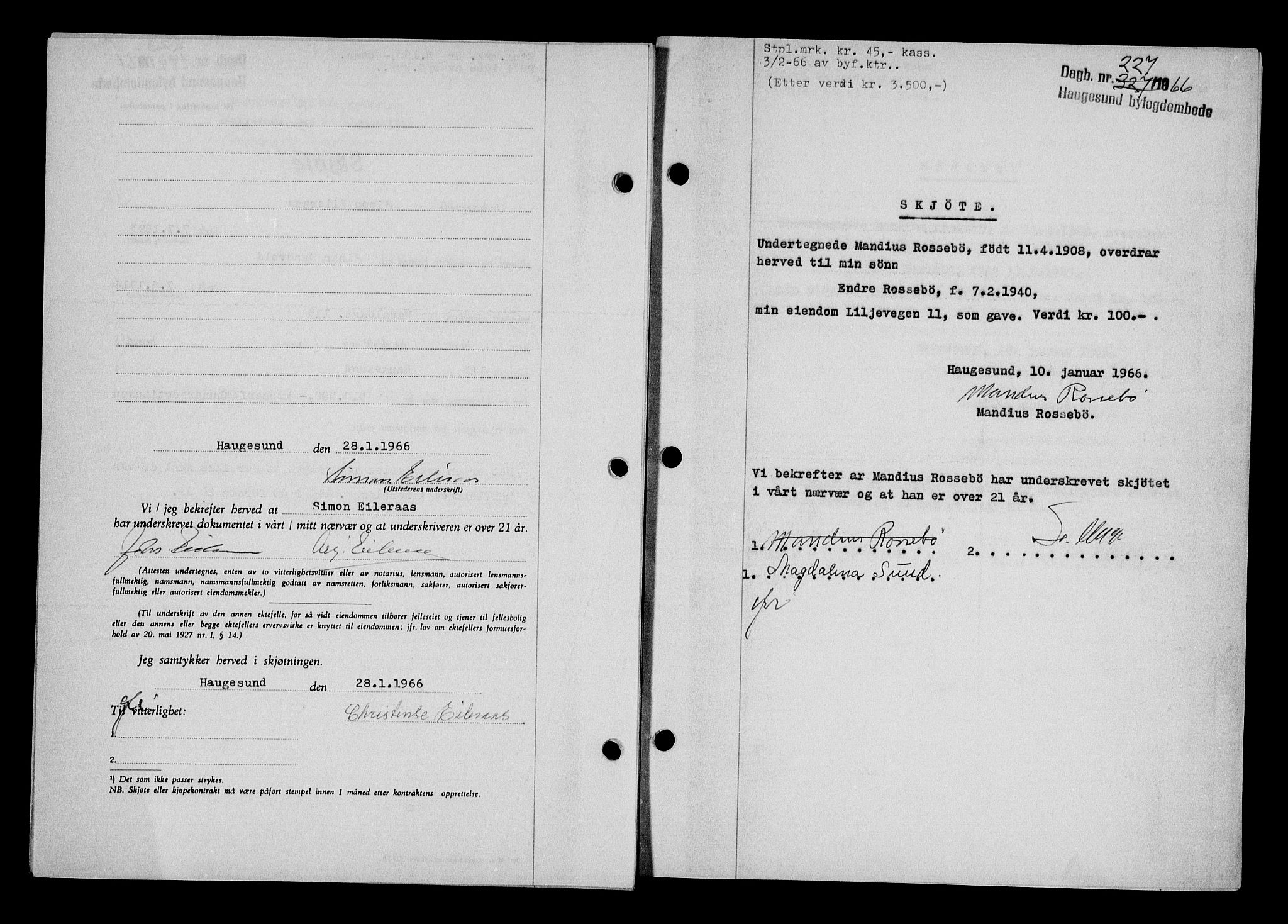 Haugesund tingrett, AV/SAST-A-101415/01/II/IIC/L0076: Mortgage book no. A 17, 1965-1966, Diary no: : 227/1966