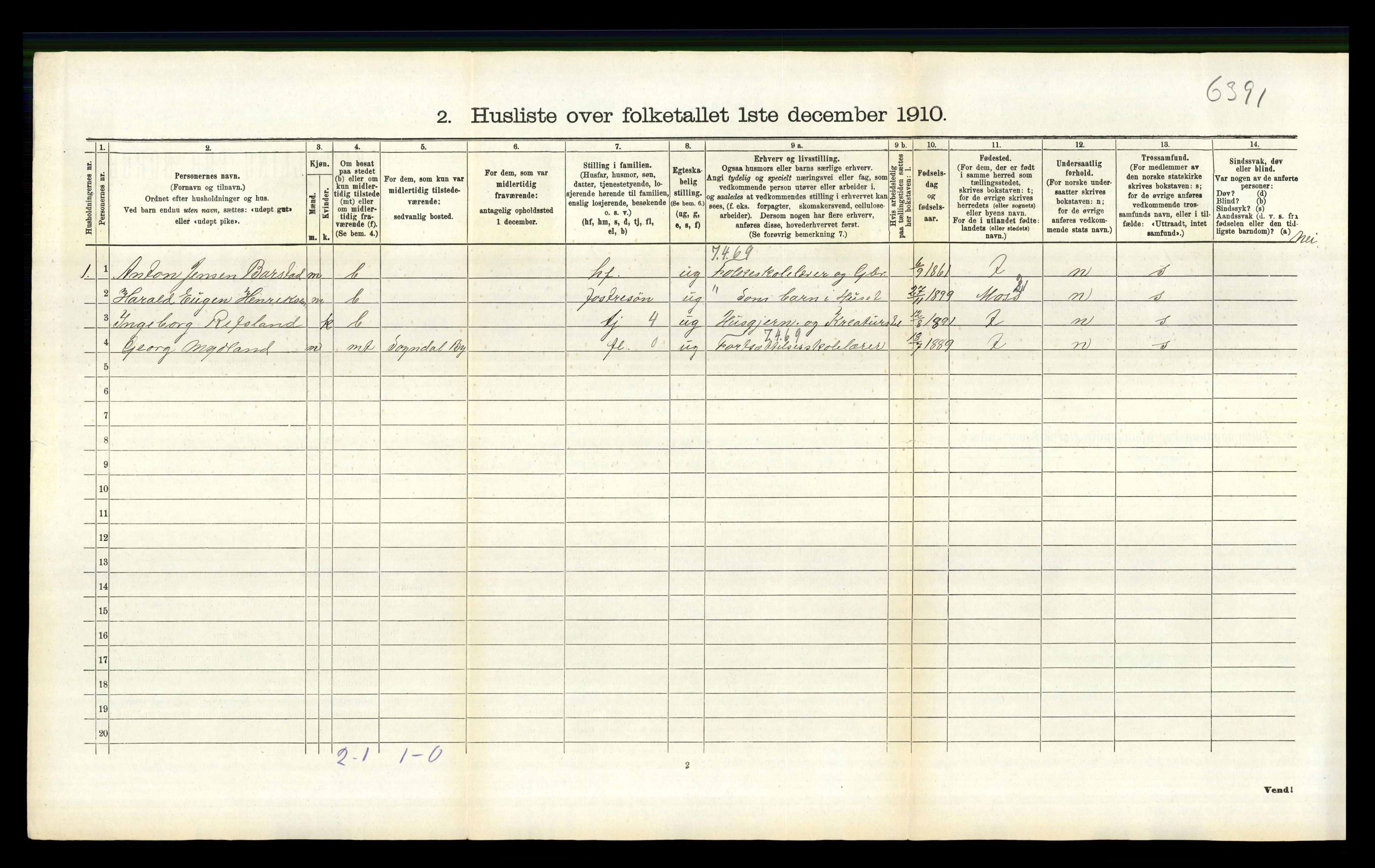 RA, 1910 census for Sokndal, 1910, p. 869