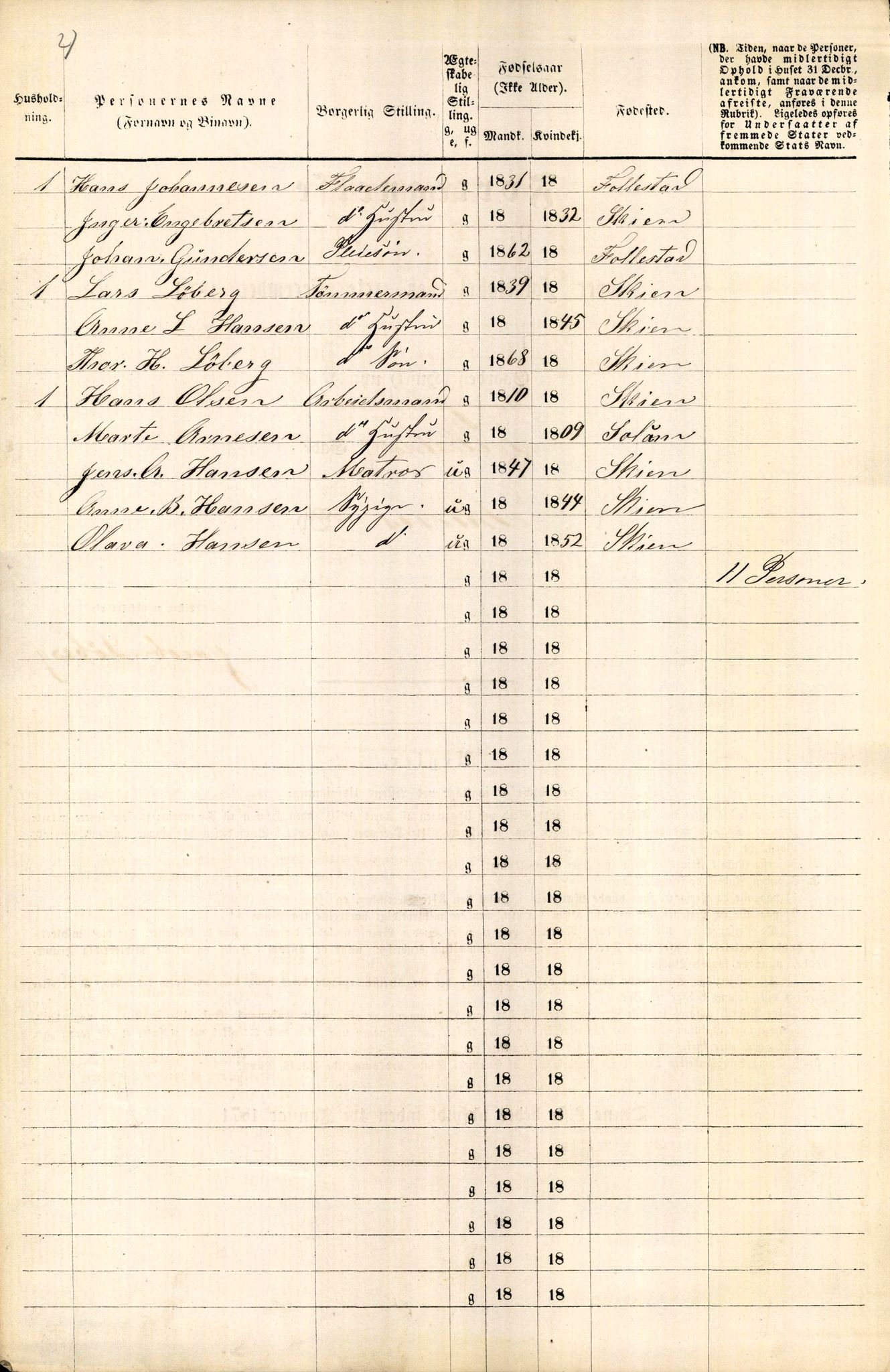 RA, 1870 census for 0806 Skien, 1870, p. 826