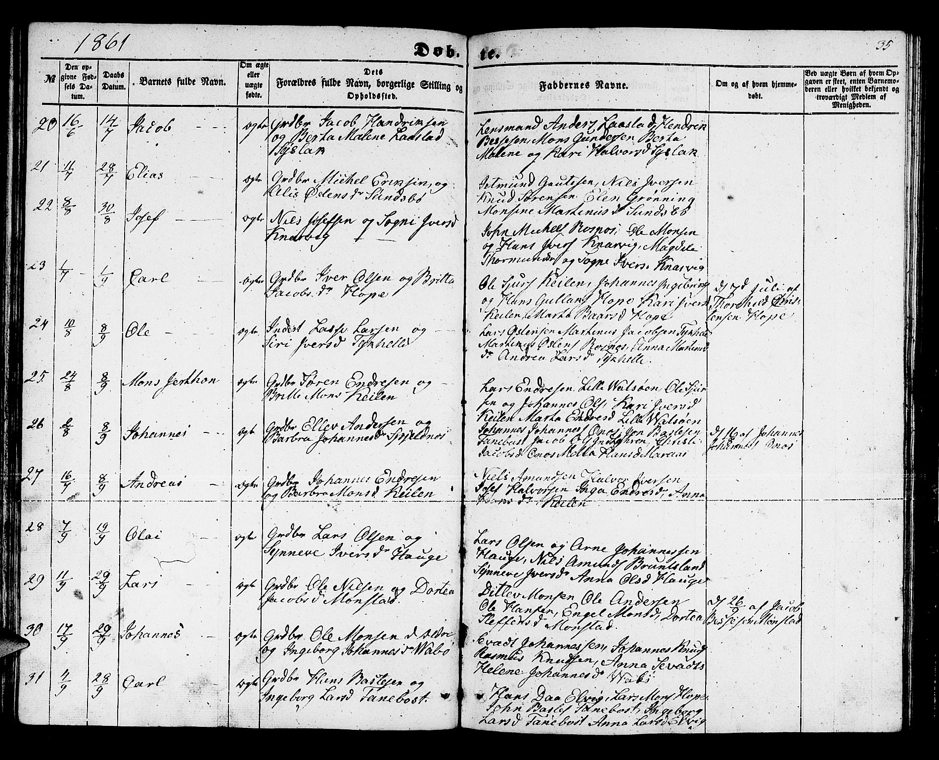 Lindås Sokneprestembete, AV/SAB-A-76701/H/Hab/Habb/L0001: Parish register (copy) no. B 1, 1853-1866, p. 35