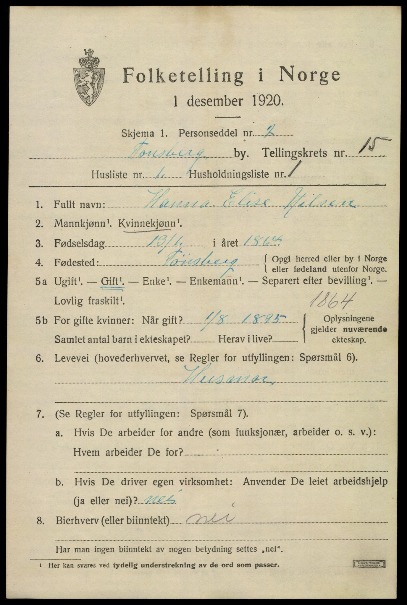 SAKO, 1920 census for Tønsberg, 1920, p. 23463