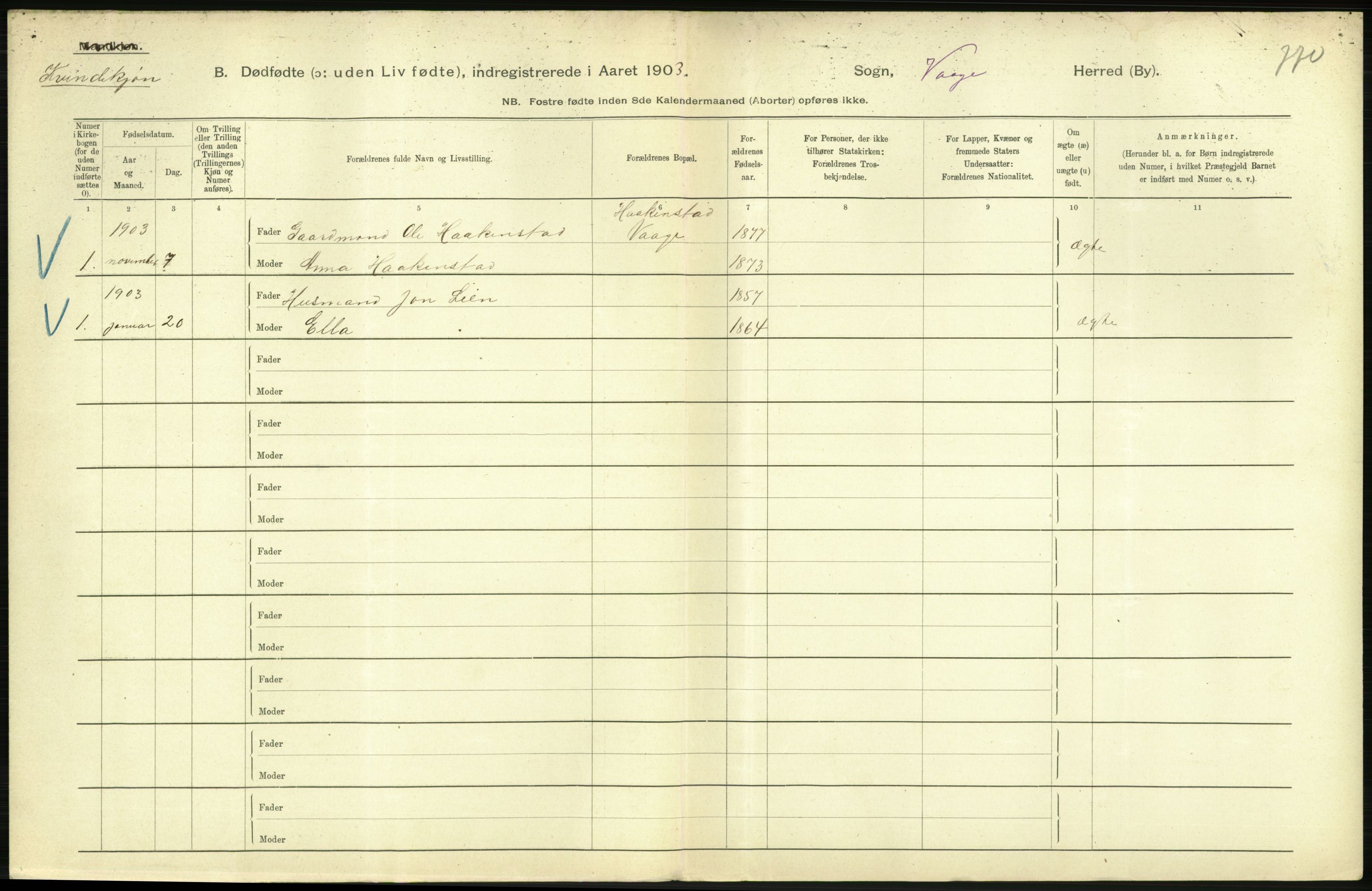 Statistisk sentralbyrå, Sosiodemografiske emner, Befolkning, AV/RA-S-2228/D/Df/Dfa/Dfaa/L0024: Smålenenes - Stavanger amt: Dødfødte. Bygder., 1903, p. 216