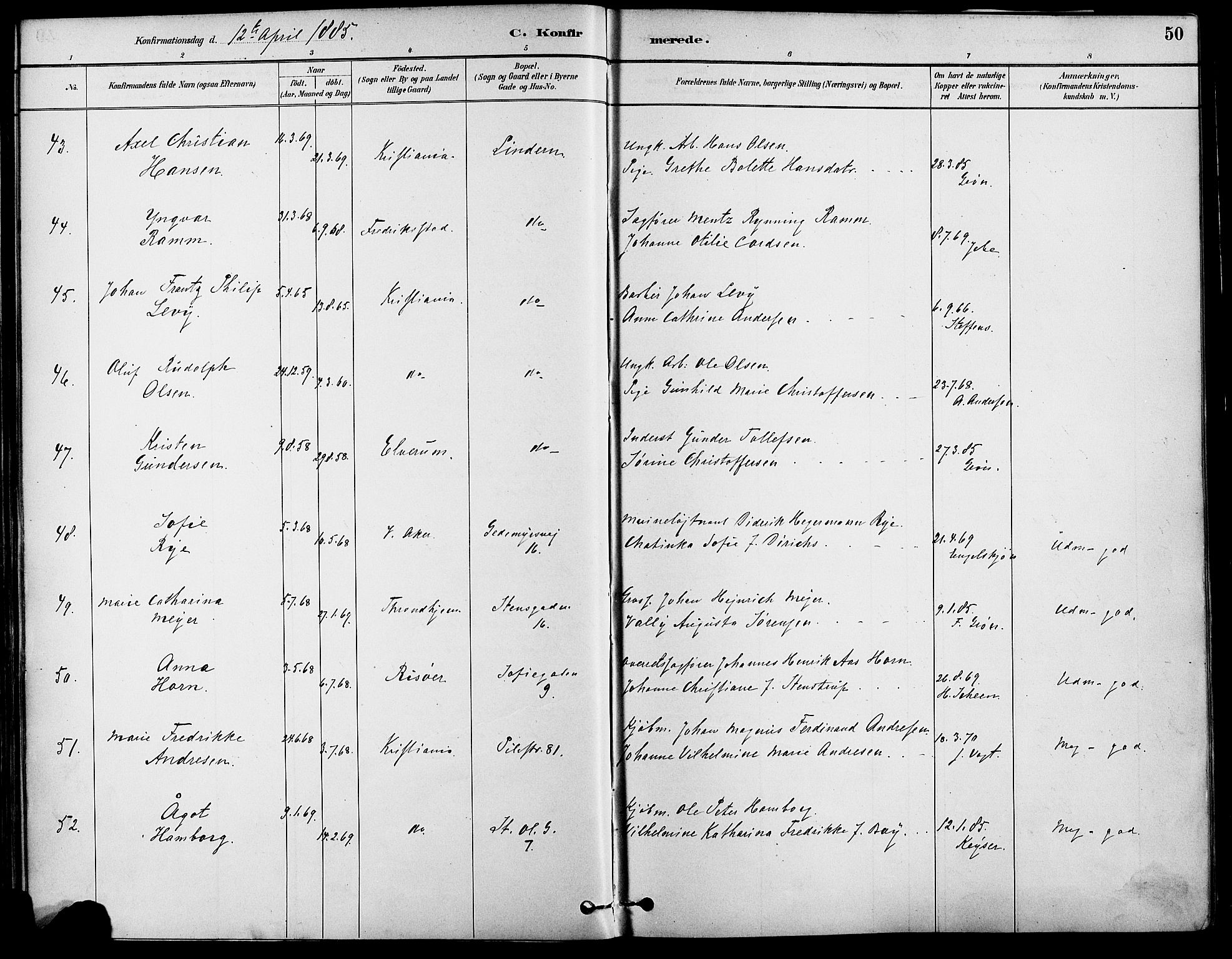 Gamle Aker prestekontor Kirkebøker, AV/SAO-A-10617a/F/L0007: Parish register (official) no. 7, 1882-1890, p. 50