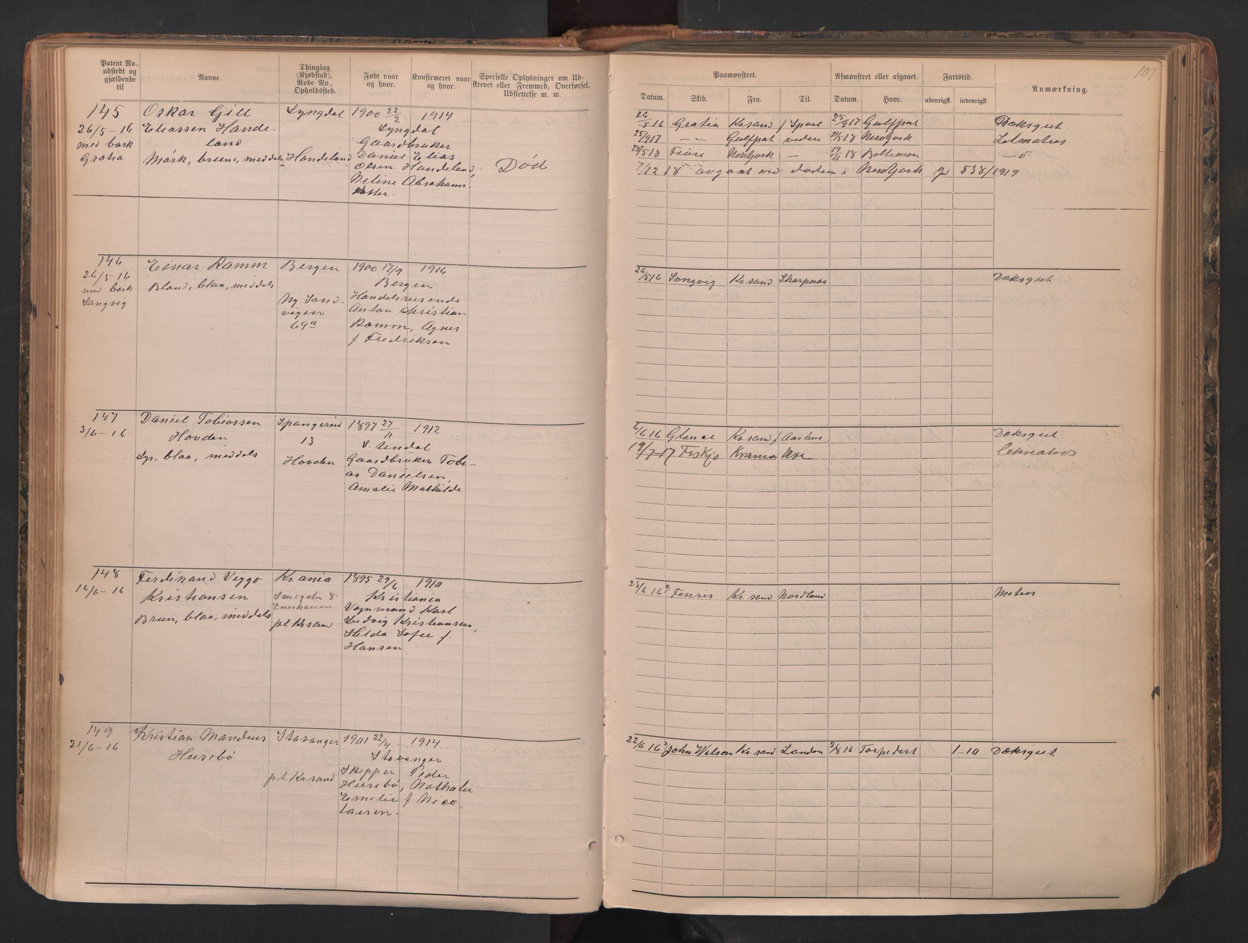 Kristiansand mønstringskrets, AV/SAK-2031-0015/F/Fa/L0009: Annotasjonsrulle over patenter, I-7, 1900-1942, p. 108