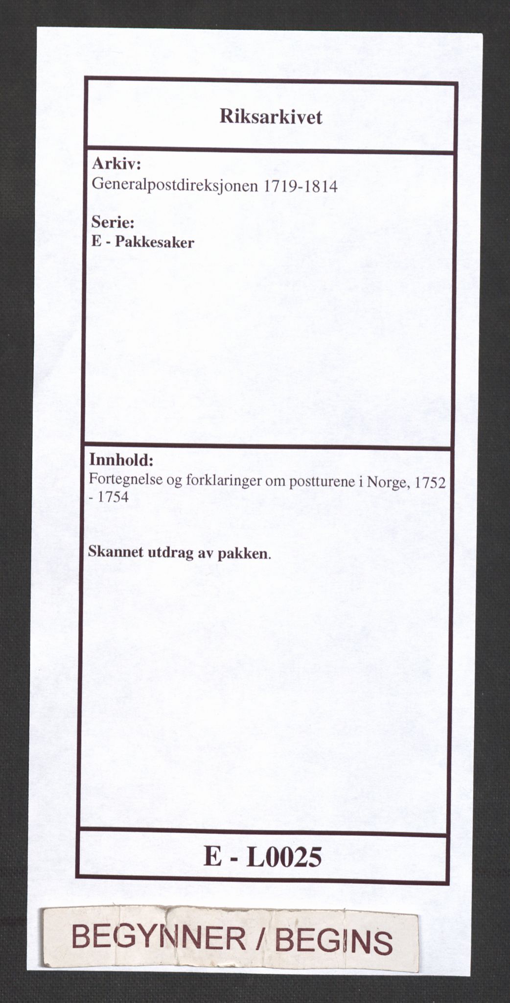 Generalpostdireksjonen 1719-1814, RA/EA-3108/E/L0025: Fortegnelse og forklaringer om postturene i Norge, 1752-1754, p. 1