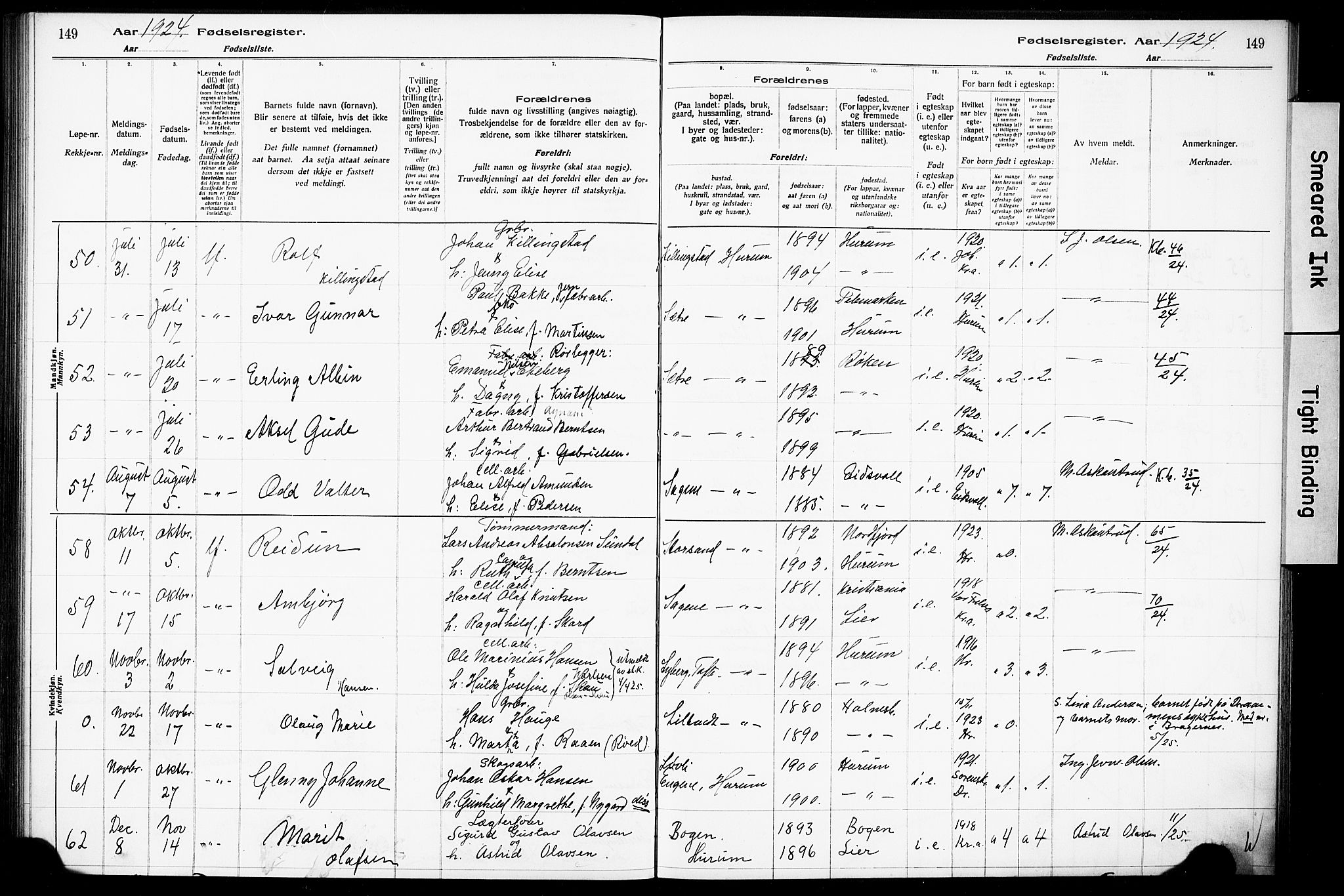 Hurum kirkebøker, AV/SAKO-A-229/J/Ja/L0001: Birth register no. 1, 1916-1928, p. 149