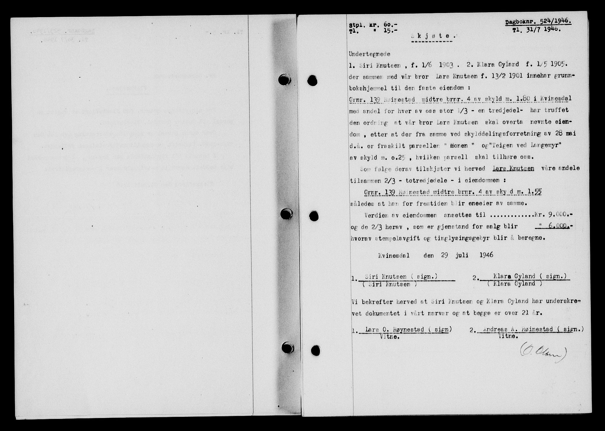 Flekkefjord sorenskriveri, AV/SAK-1221-0001/G/Gb/Gba/L0060: Mortgage book no. A-8, 1945-1946, Diary no: : 524/1946