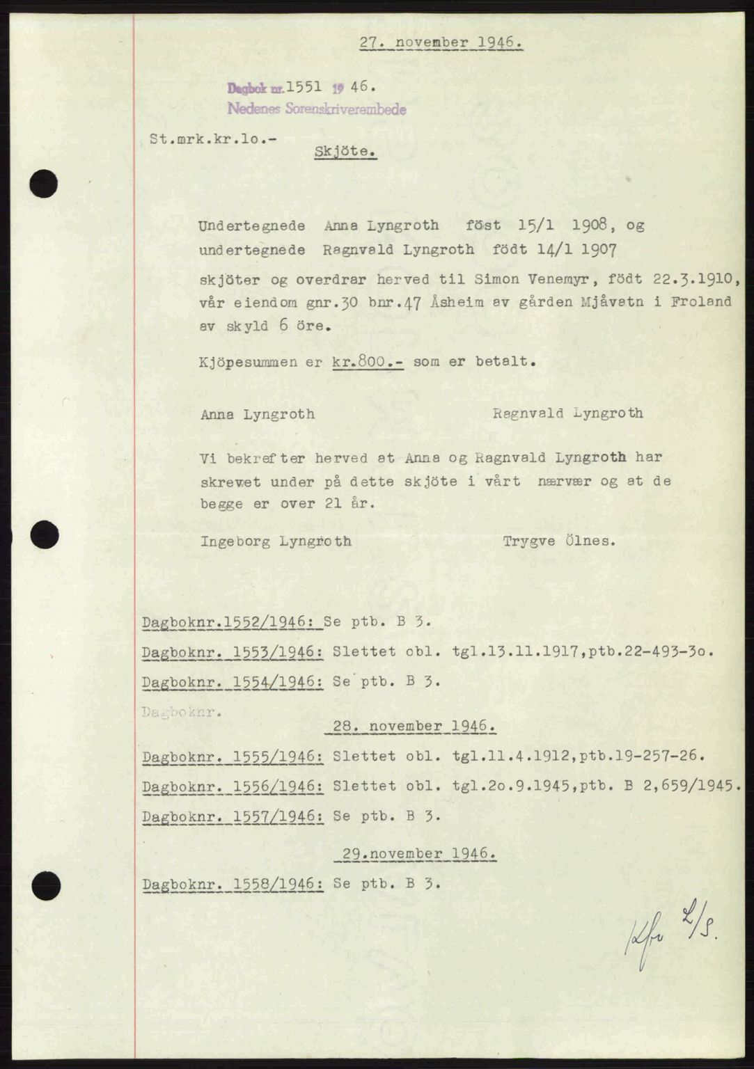 Nedenes sorenskriveri, SAK/1221-0006/G/Gb/Gba/L0056: Mortgage book no. A8, 1946-1947, Diary no: : 1551/1946
