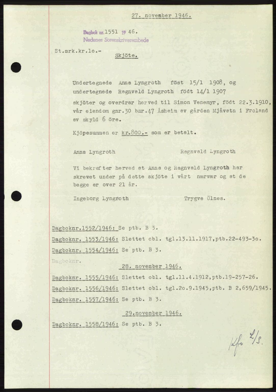 Nedenes sorenskriveri, AV/SAK-1221-0006/G/Gb/Gba/L0056: Mortgage book no. A8, 1946-1947, Diary no: : 1551/1946