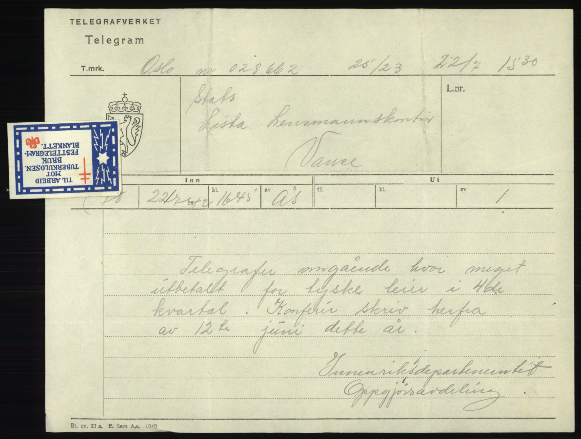 Forsvarsdepartementet, 10. kontor / Oppgjørskontoret, AV/RA-RAFA-1225/D/Db/L0180: Lista oppgjørskontor, 1942-1952, p. 1025