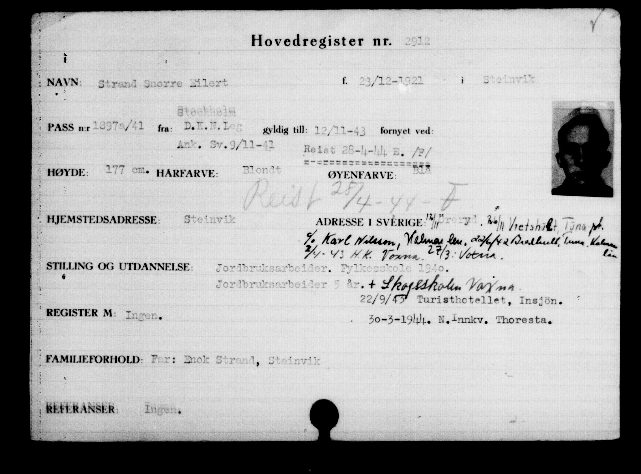Utenriksstasjonene, Legasjonen i Stockholm, Flyktningkontoret, AV/RA-S-6753/V/Va/L0003: Kjesäterkartoteket, flyktninger med registreringsnr. 2001-3495, 1940-1945, p. 1315