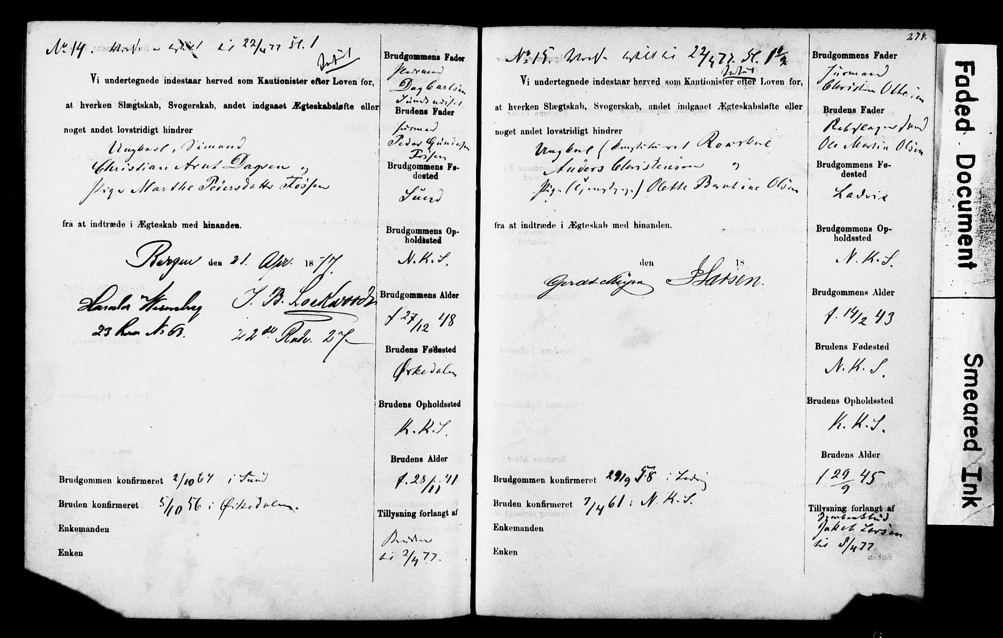 Korskirken sokneprestembete, AV/SAB-A-76101: Best man's statements no. II.5.4, 1871-1878, p. 274