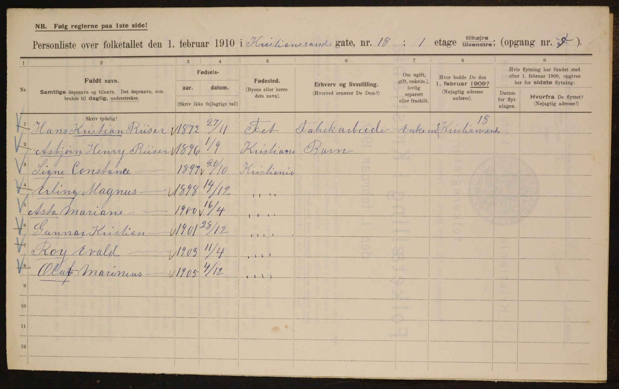 OBA, Municipal Census 1910 for Kristiania, 1910, p. 52864