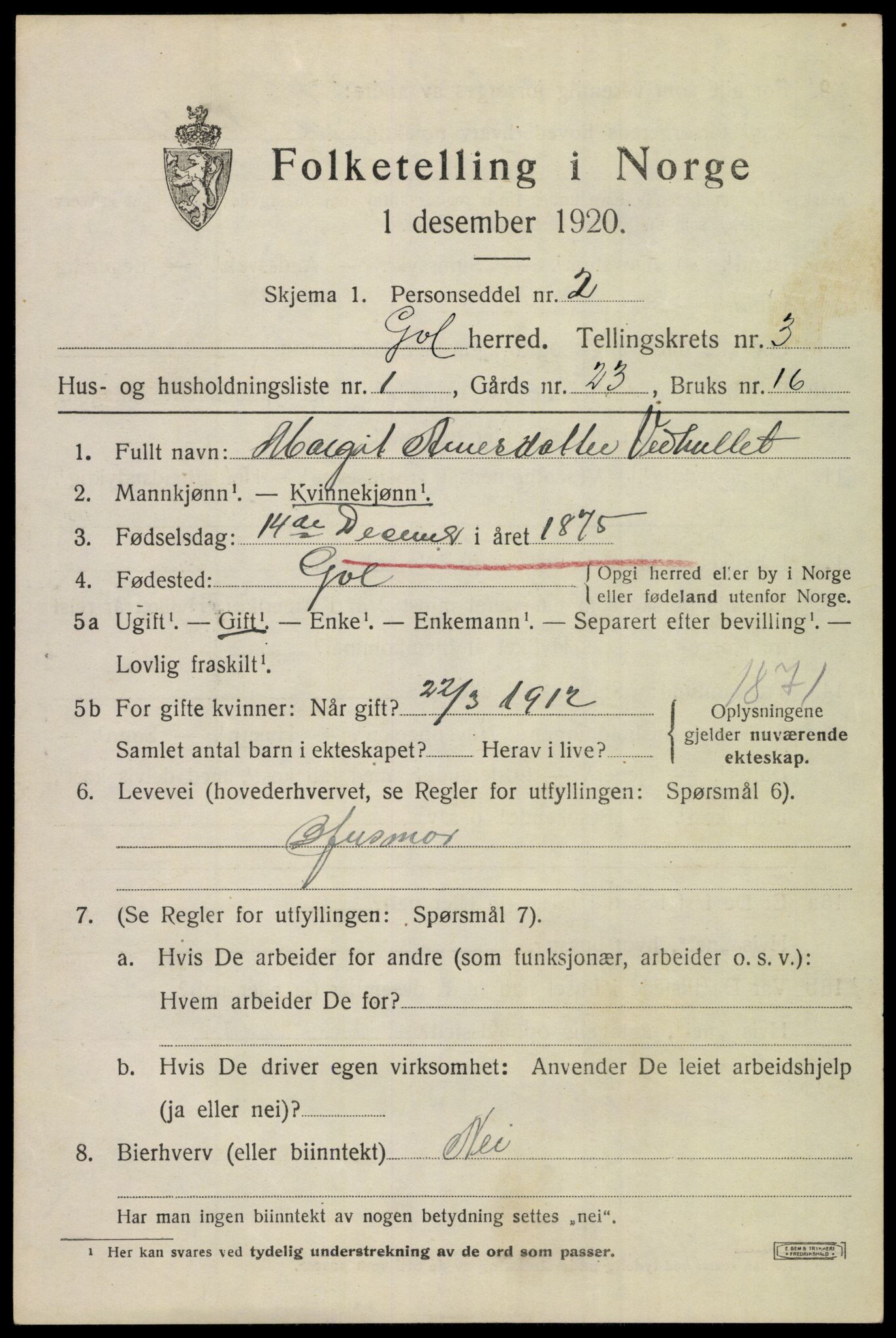 SAKO, 1920 census for Gol, 1920, p. 2184