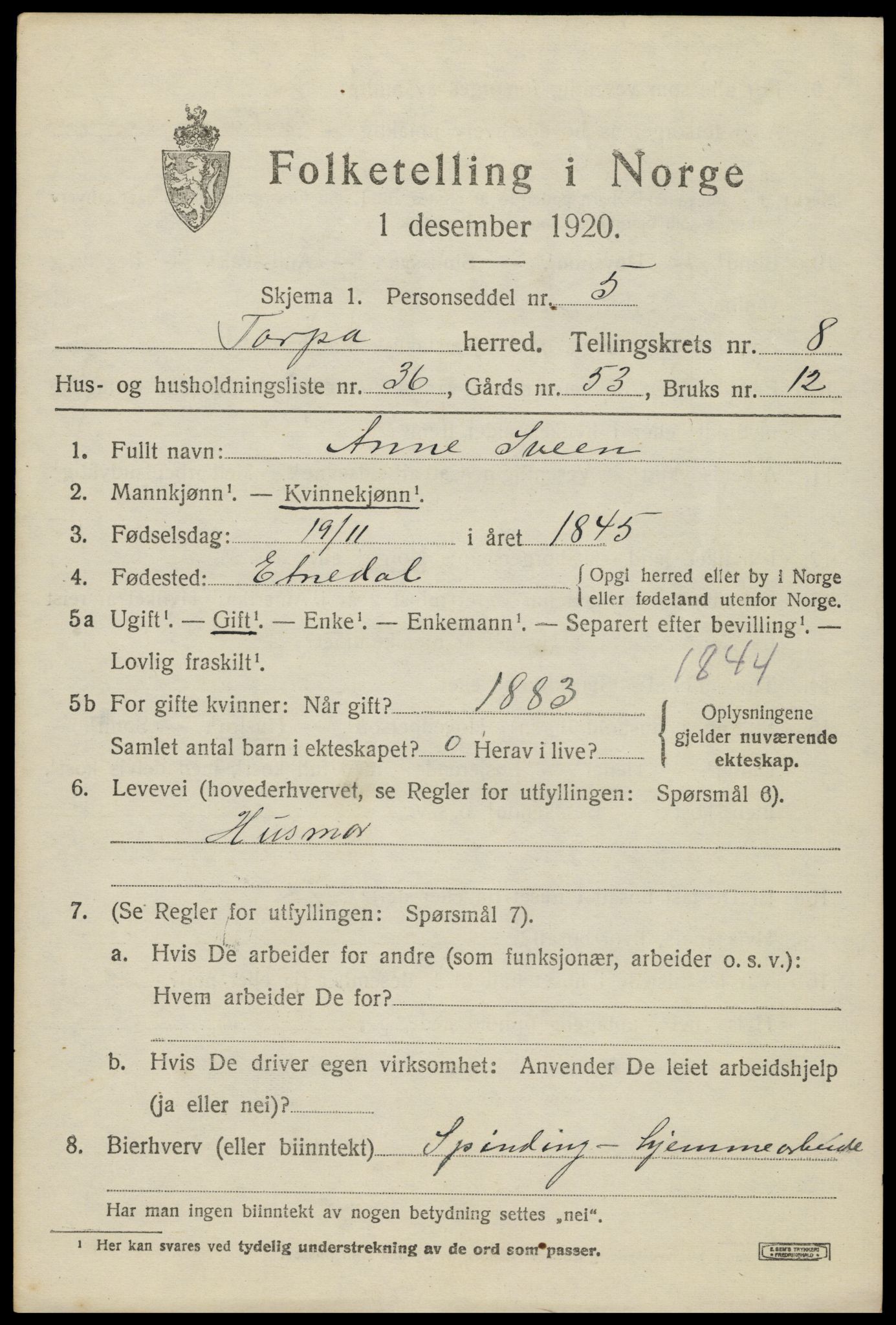 SAH, 1920 census for Torpa, 1920, p. 4969