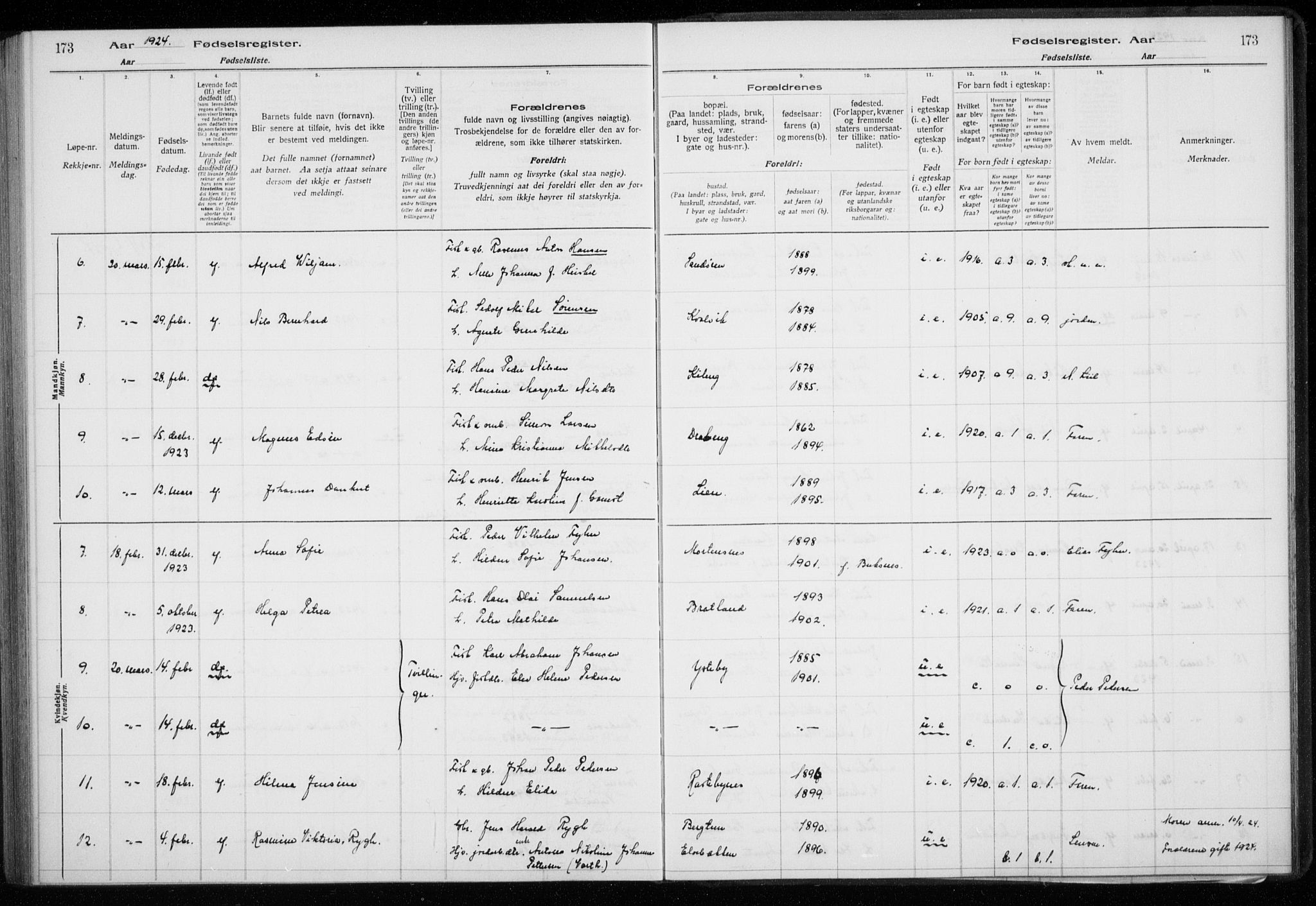 Lyngen sokneprestembete, SATØ/S-1289/I/Ia/L0075: Birth register no. 75, 1916-1924, p. 173