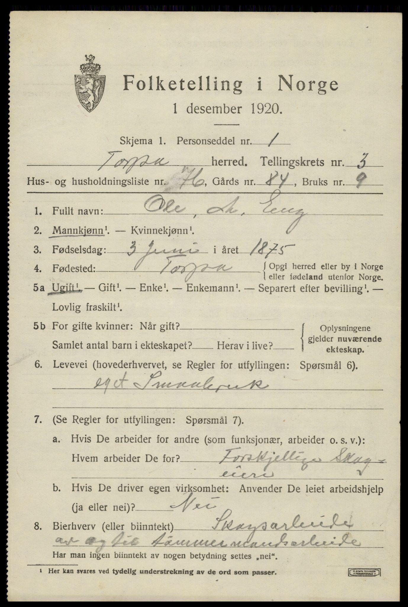 SAH, 1920 census for Torpa, 1920, p. 2959