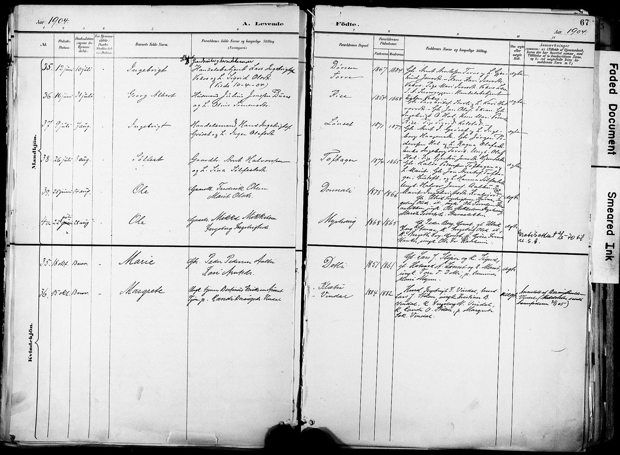 Ministerialprotokoller, klokkerbøker og fødselsregistre - Sør-Trøndelag, AV/SAT-A-1456/678/L0902: Parish register (official) no. 678A11, 1895-1911, p. 67