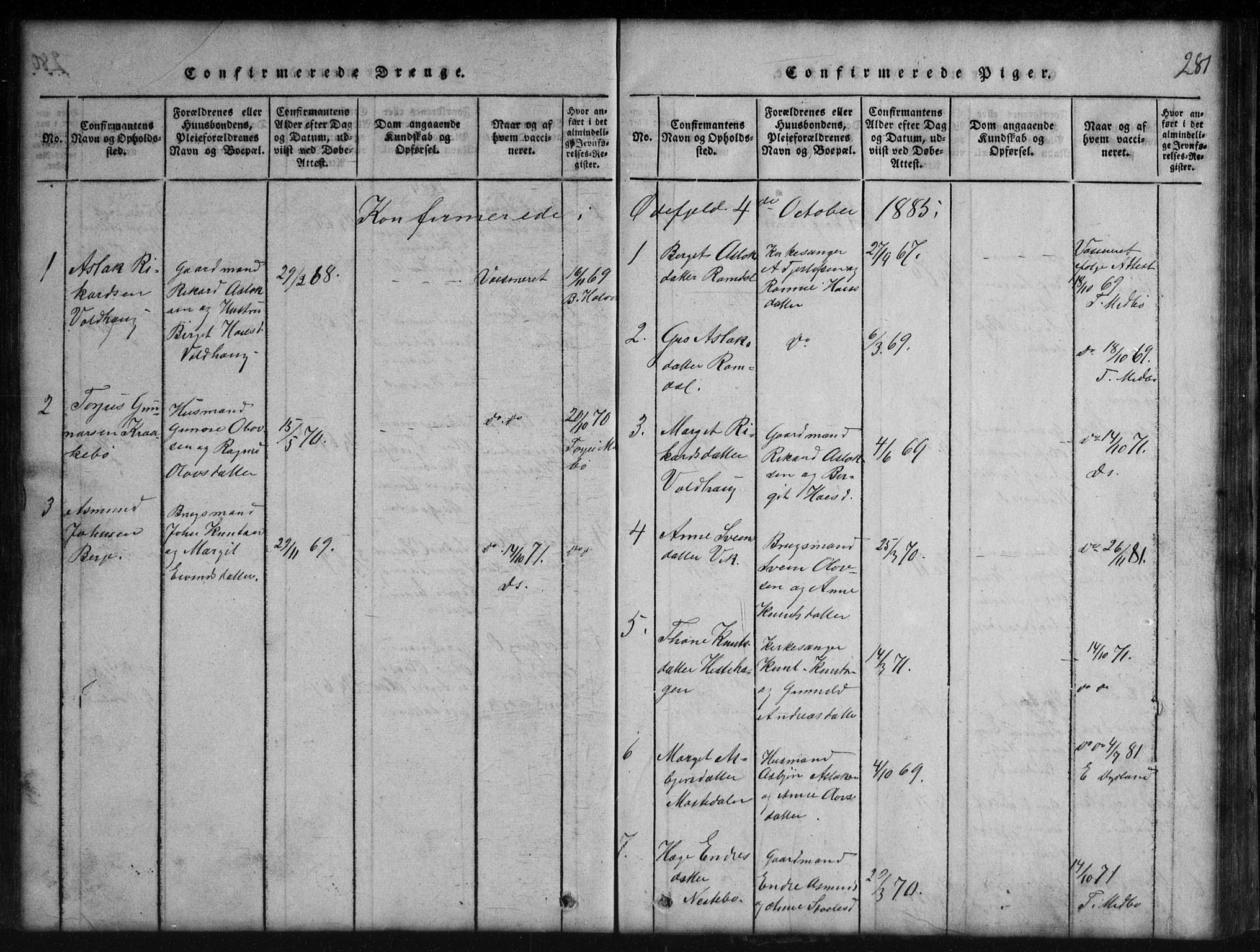 Rauland kirkebøker, SAKO/A-292/G/Gb/L0001: Parish register (copy) no. II 1, 1815-1886, p. 281