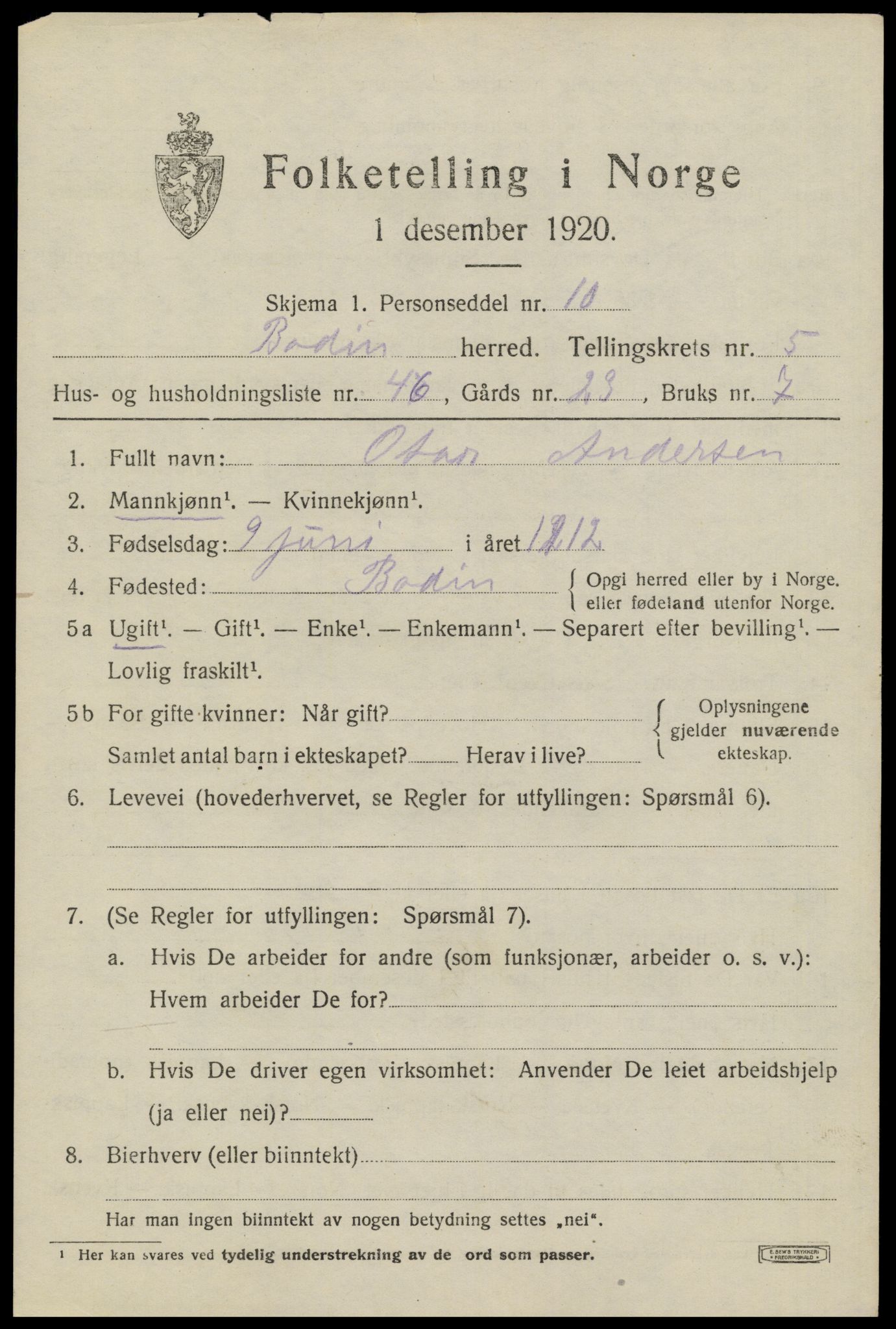 SAT, 1920 census for Bodin, 1920, p. 3488