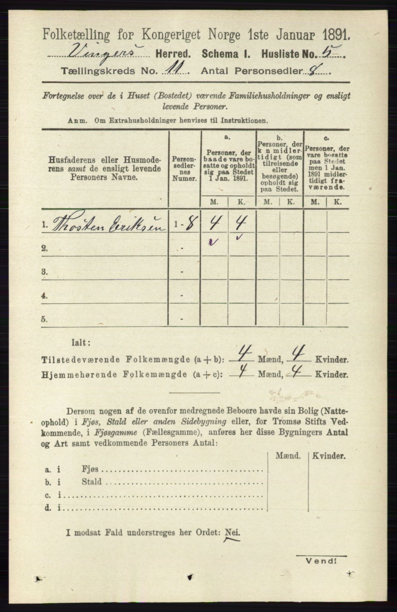 RA, 1891 census for 0421 Vinger, 1891, p. 5286