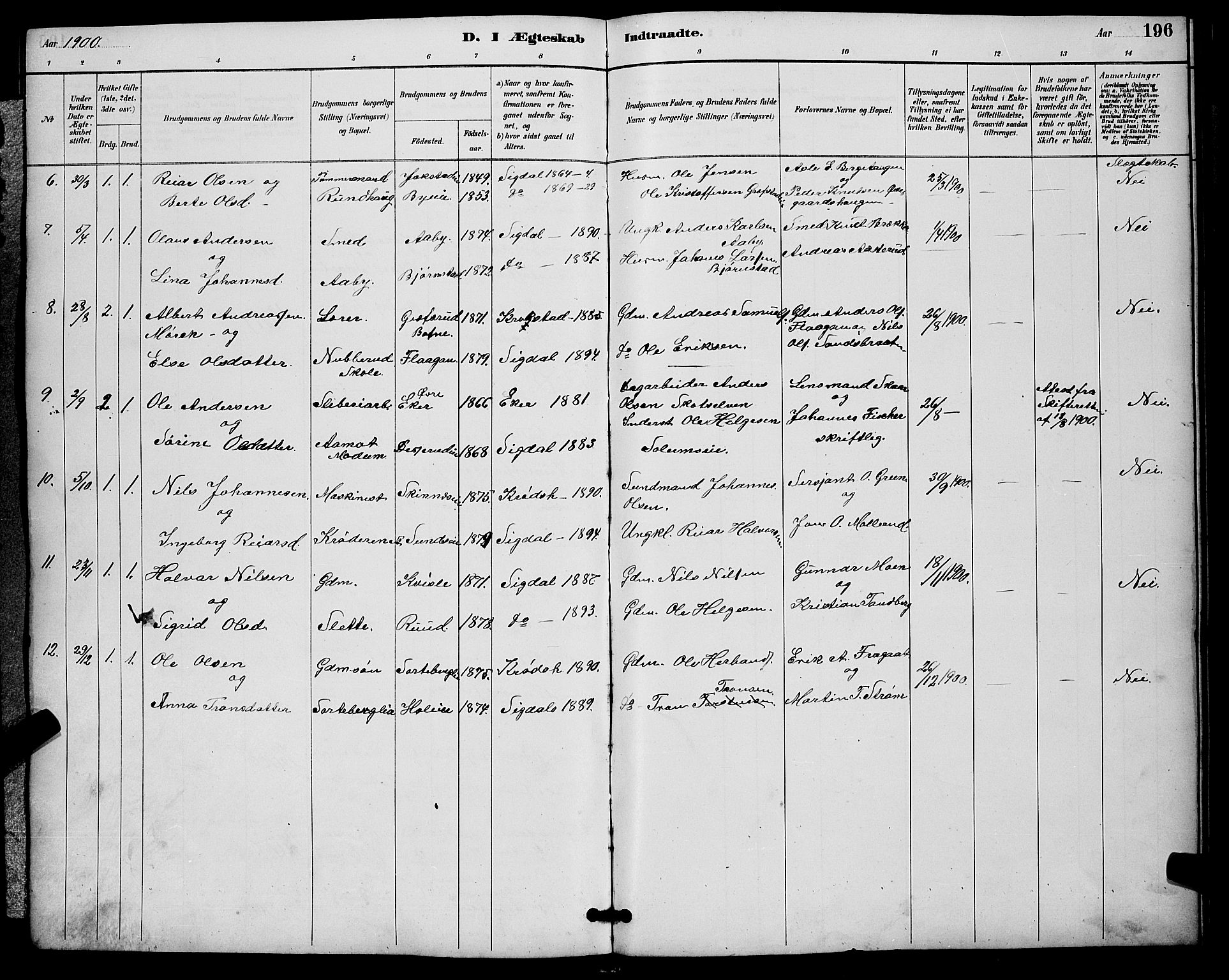 Sigdal kirkebøker, AV/SAKO-A-245/G/Ga/L0005: Parish register (copy) no. I 5, 1886-1900, p. 196