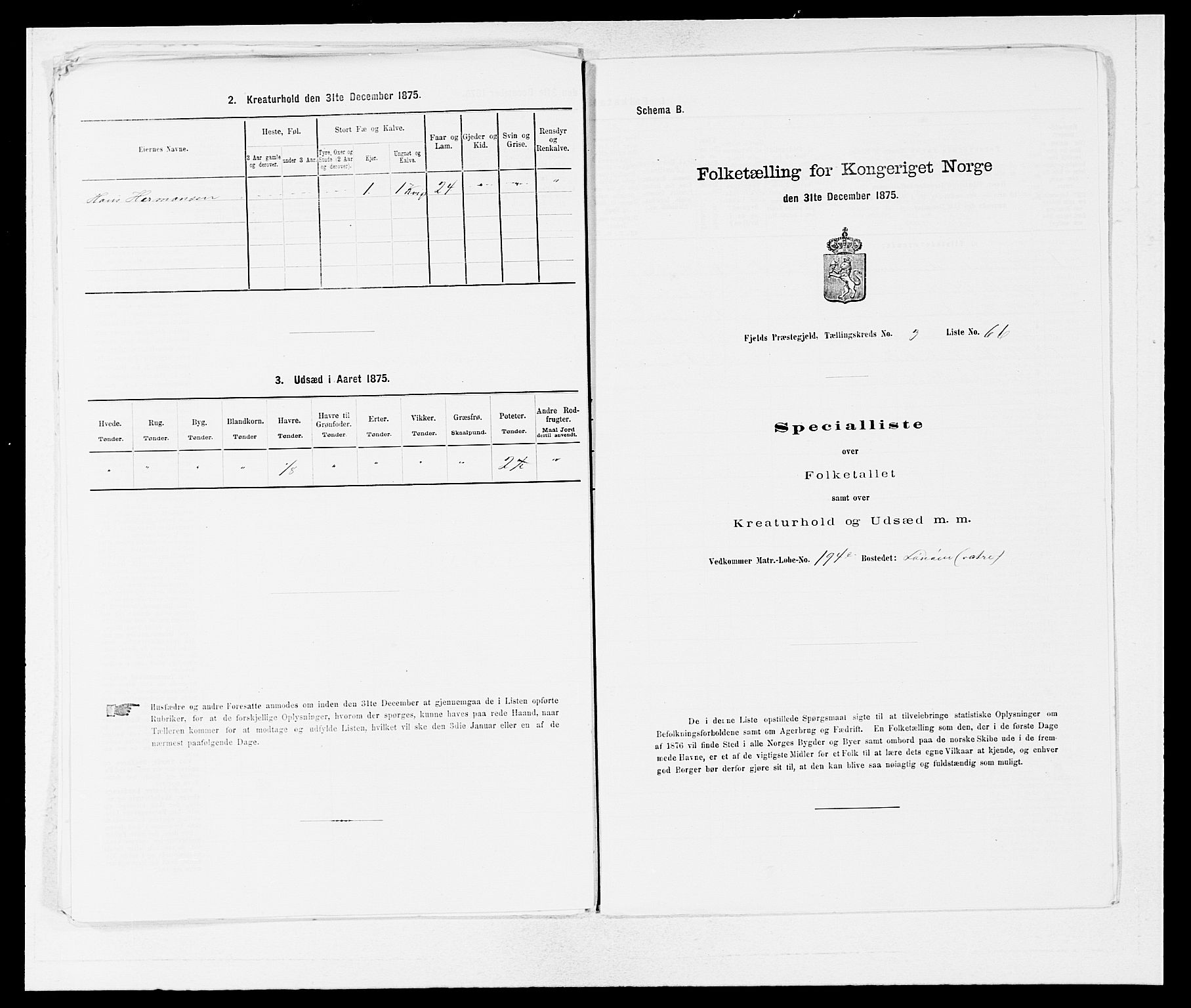 SAB, 1875 census for 1246P Fjell, 1875, p. 419