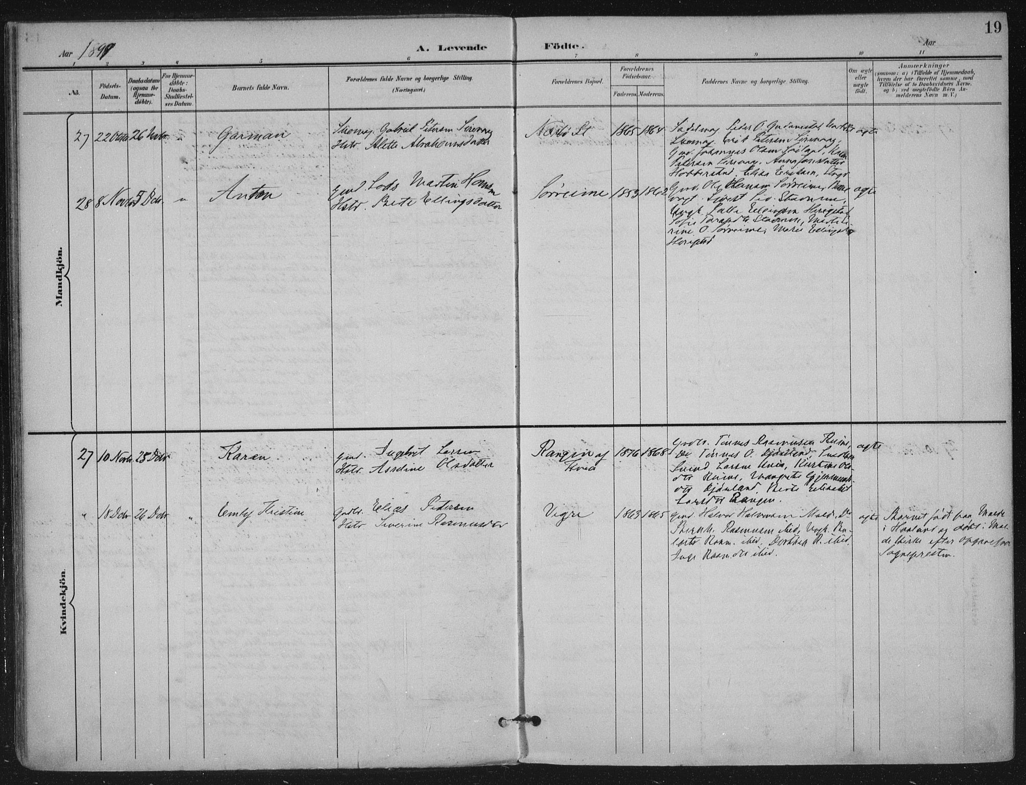 Hå sokneprestkontor, AV/SAST-A-101801/002/B/L0001: Parish register (official) no. A 11, 1897-1924, p. 19