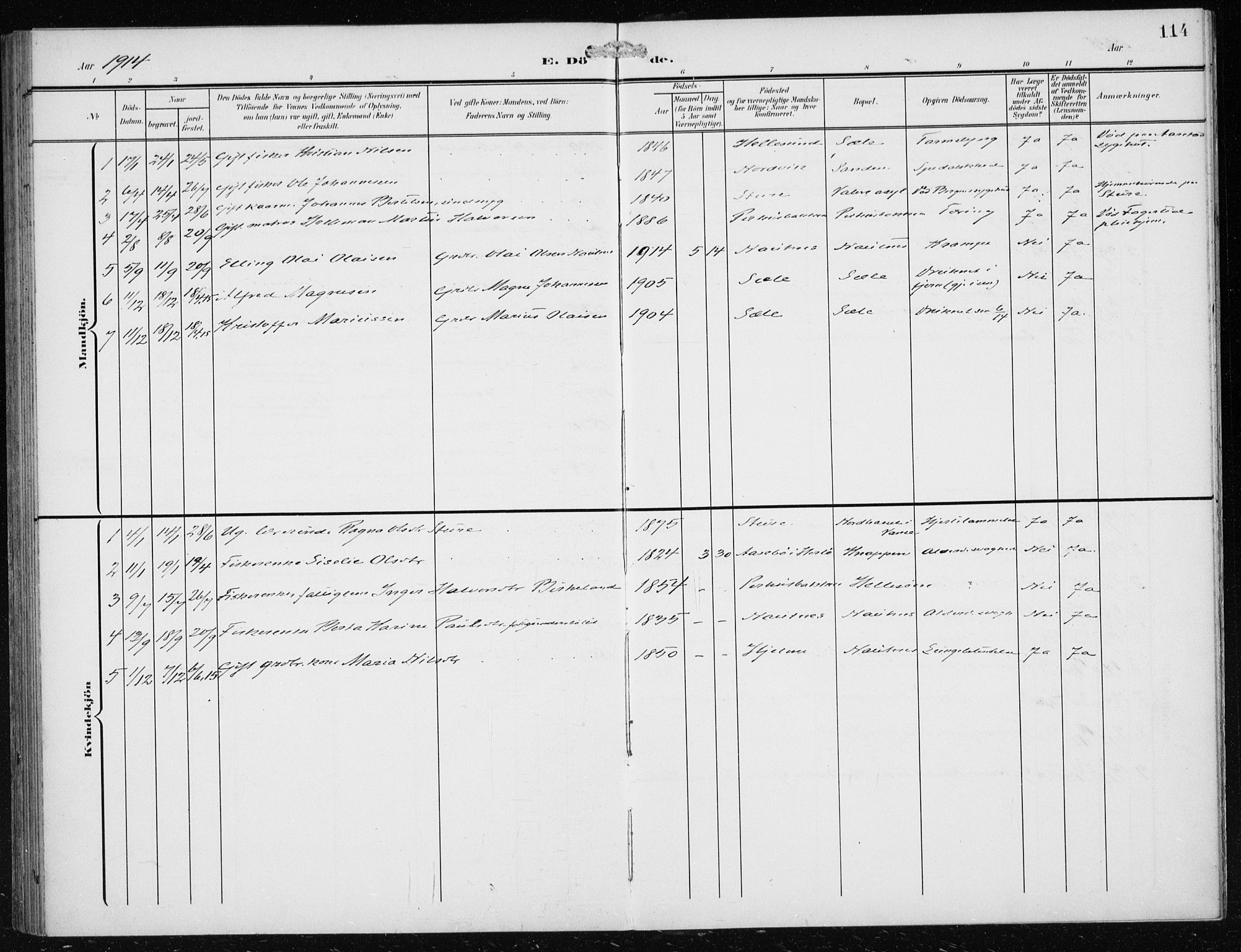 Herdla Sokneprestembete, AV/SAB-A-75701/H/Haa: Parish register (official) no. B 1, 1902-1921, p. 114