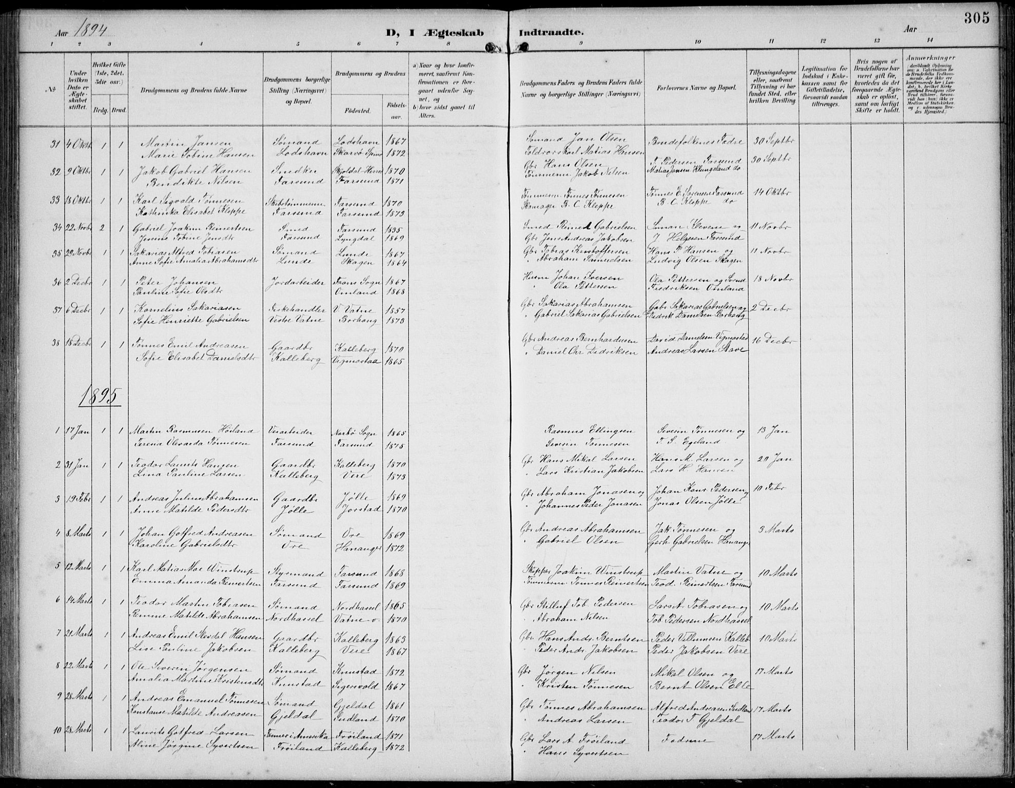 Lista sokneprestkontor, AV/SAK-1111-0027/F/Fb/L0005: Parish register (copy) no. B 5, 1892-1923, p. 305