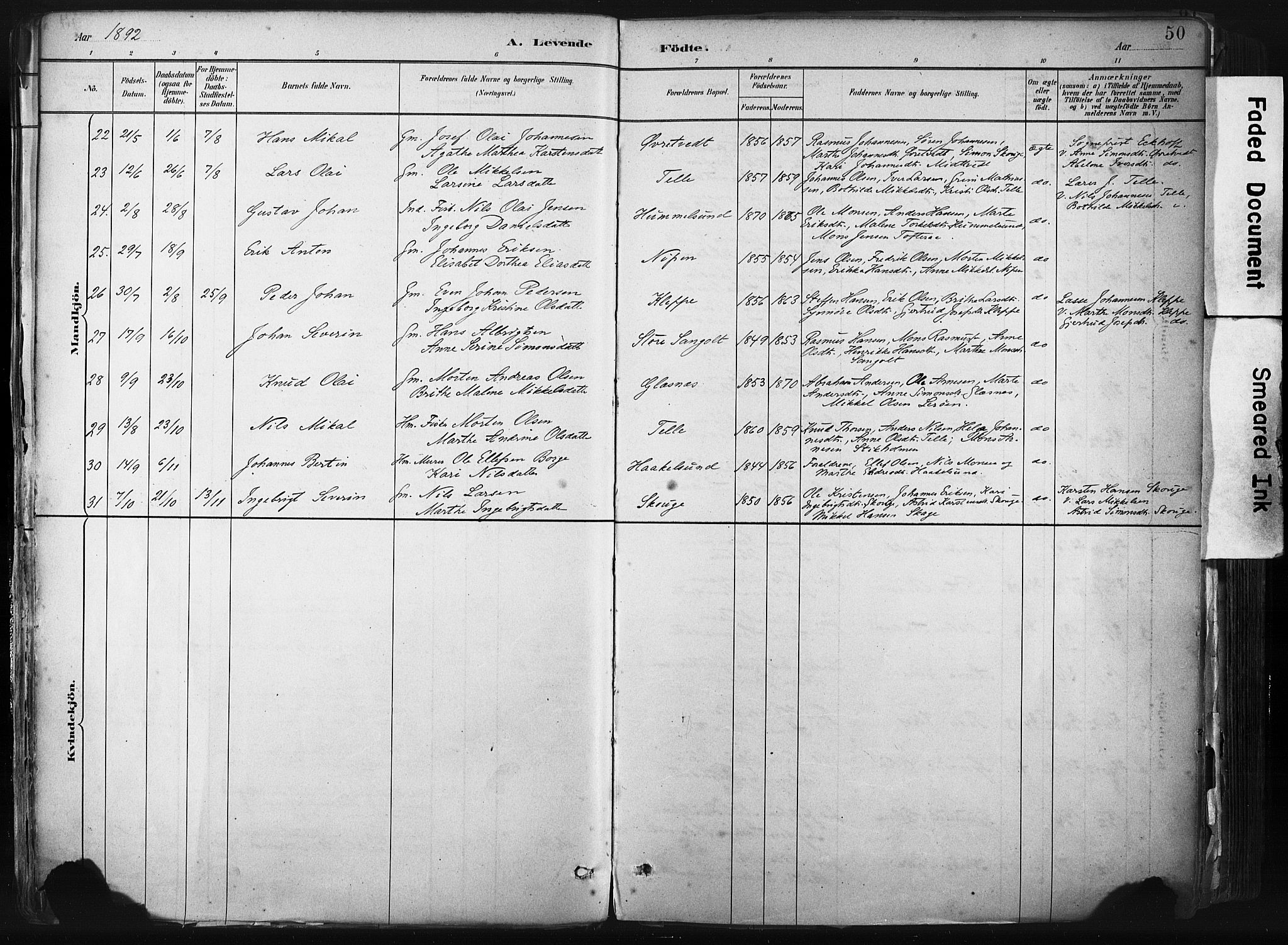 Sund sokneprestembete, AV/SAB-A-99930: Parish register (official) no. B 1, 1882-1907, p. 50