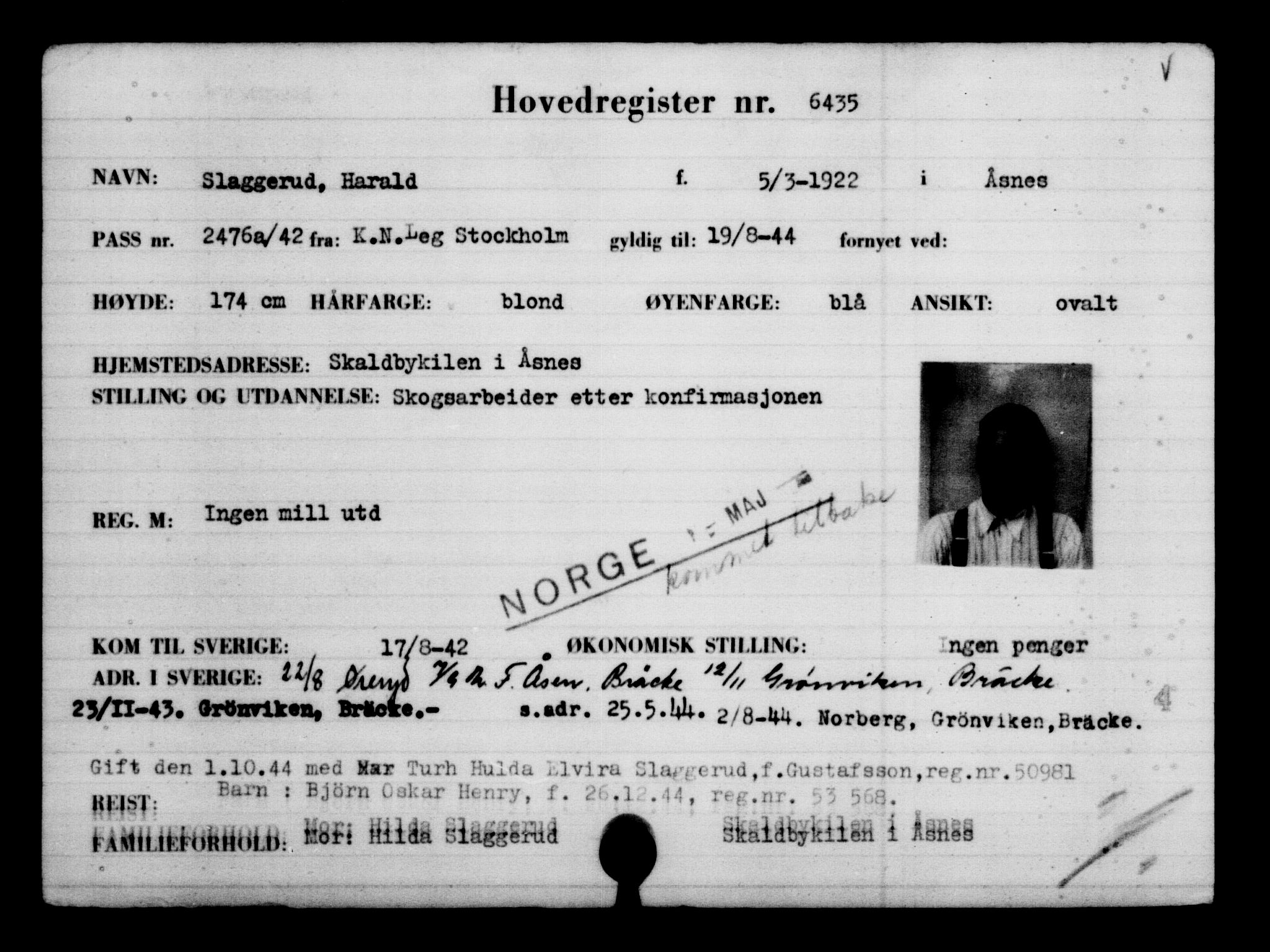 Utenriksstasjonene, Legasjonen i Stockholm, Flyktningkontoret, AV/RA-S-6753/V/Va/L0004: Kjesäterkartoteket, flyktninger med registreringsnr. 3496-6610, 1940-1945, p. 3478