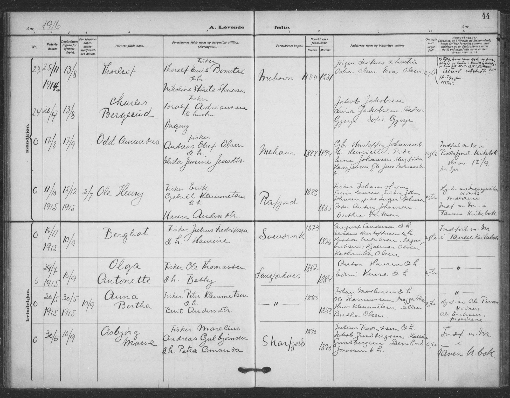 Tana sokneprestkontor, AV/SATØ-S-1334/H/Ha/L0008kirke: Parish register (official) no. 8, 1908-1920, p. 44