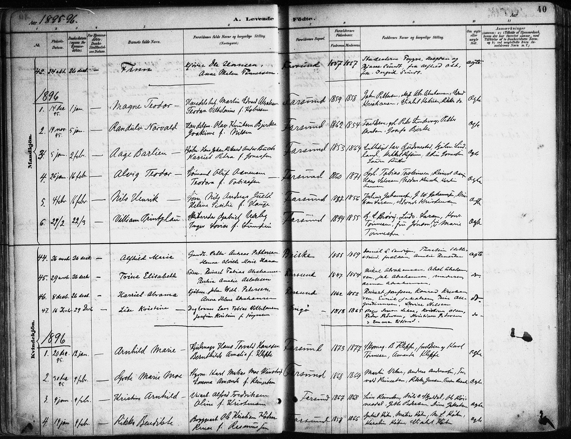 Farsund sokneprestkontor, SAK/1111-0009/F/Fa/L0006: Parish register (official) no. A 6, 1887-1920, p. 40