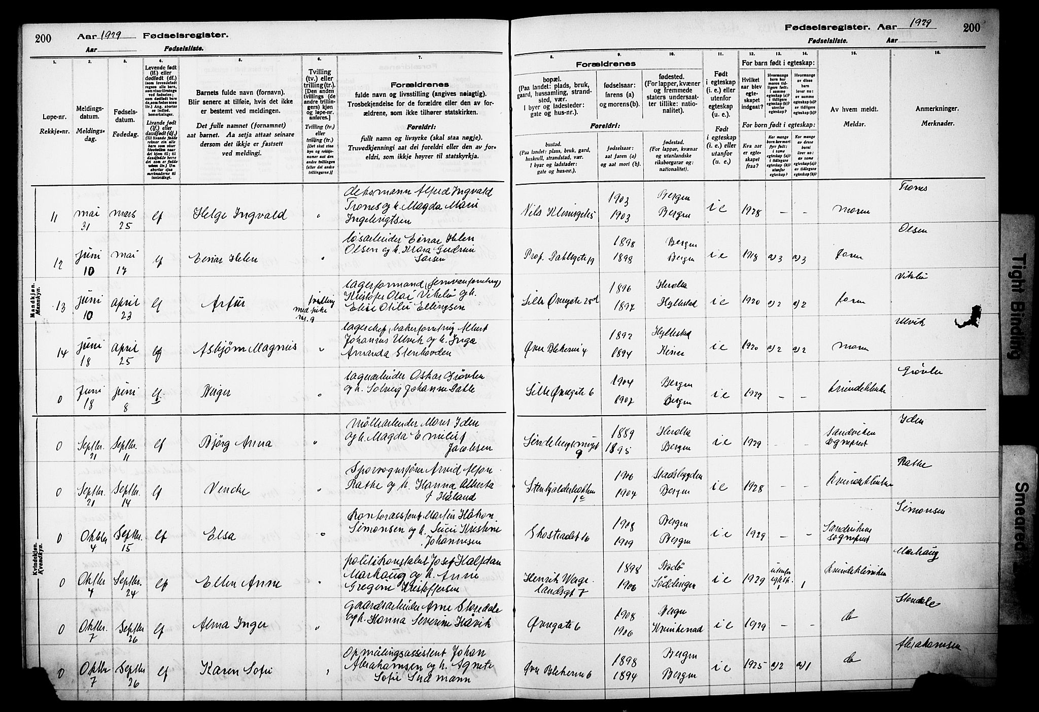 Korskirken sokneprestembete, AV/SAB-A-76101/I/Id/L00A1: Birth register no. A 1, 1916-1929, p. 200