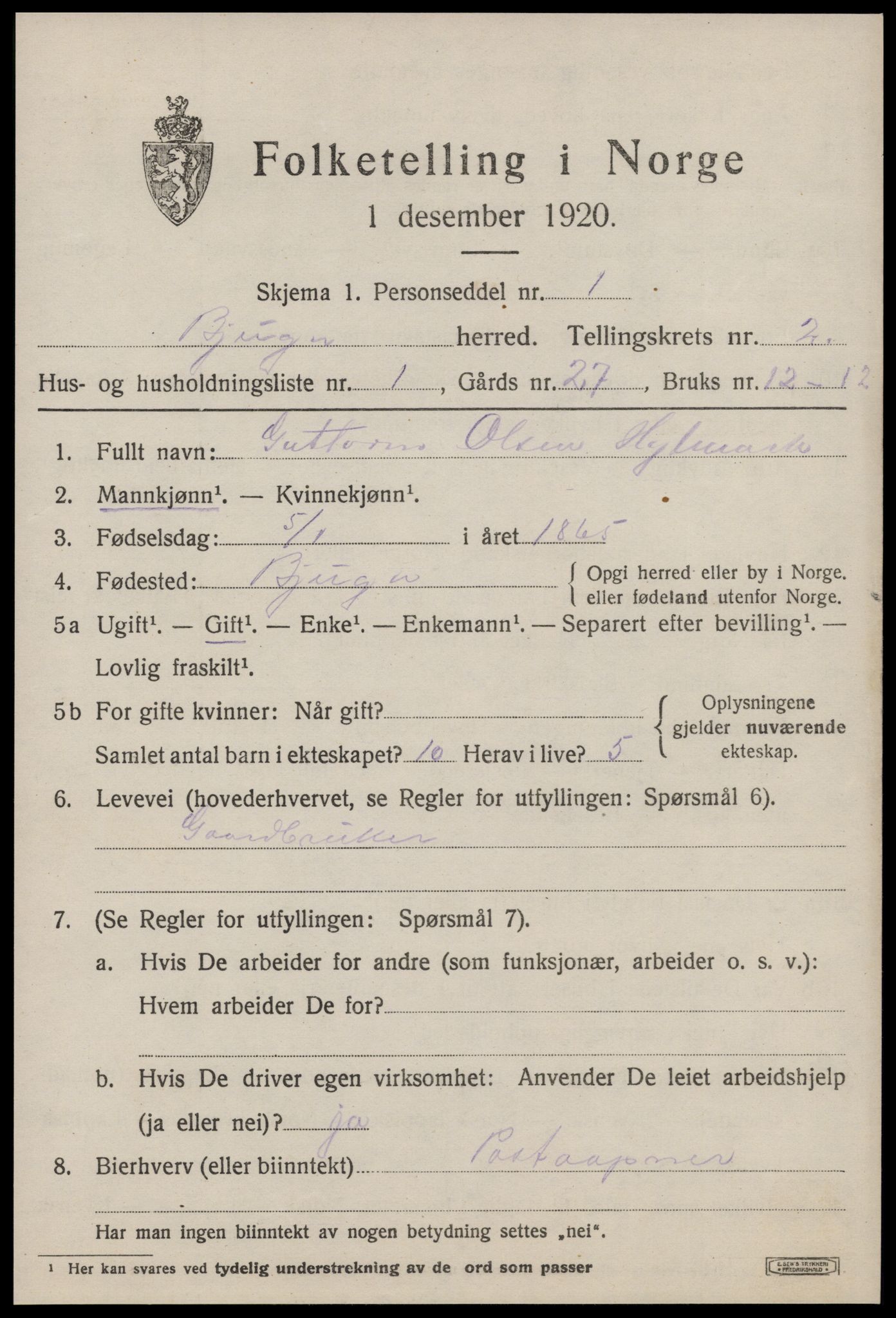 SAT, 1920 census for Bjugn, 1920, p. 1283