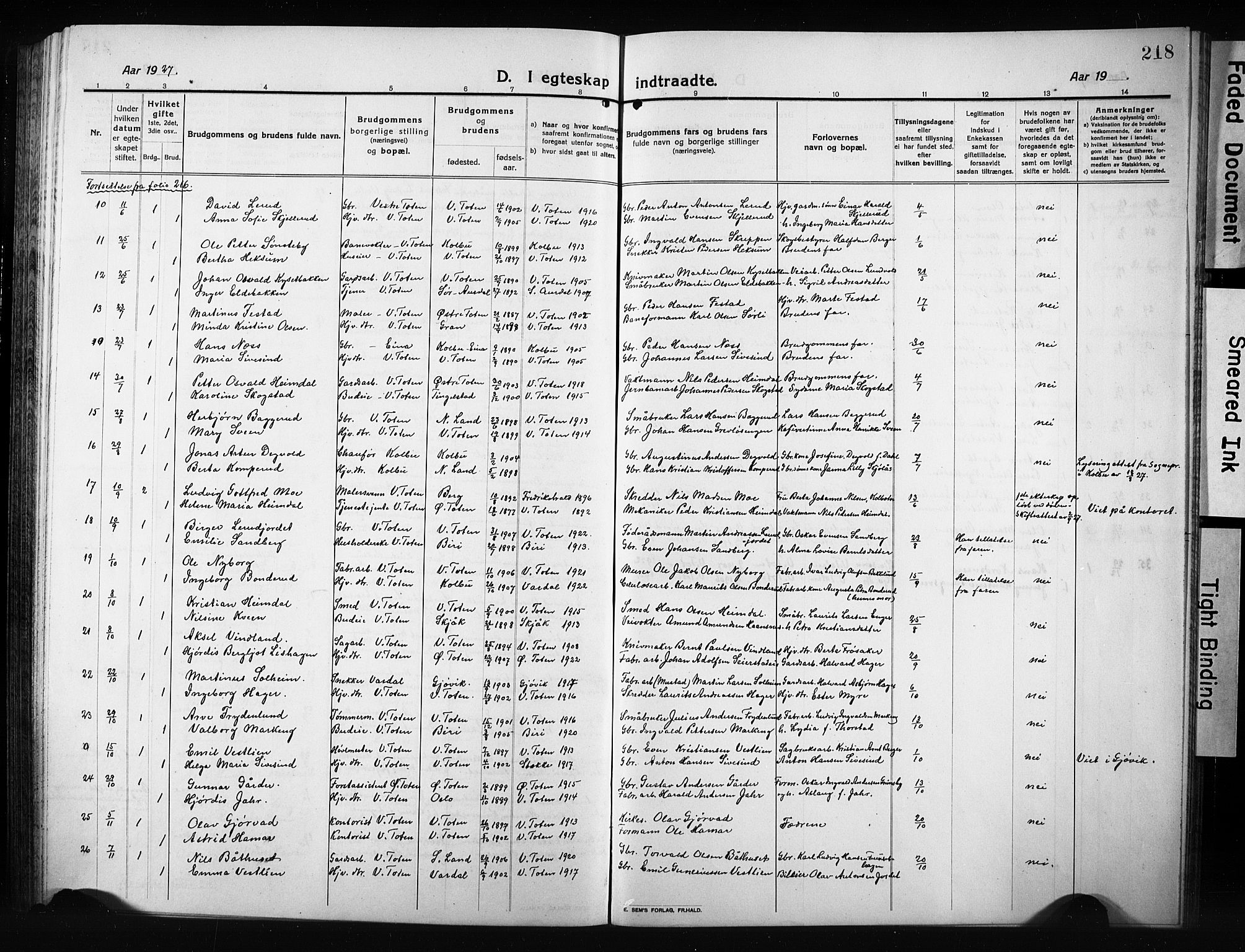 Vestre Toten prestekontor, SAH/PREST-108/H/Ha/Hab/L0012: Parish register (copy) no. 12, 1909-1928, p. 218