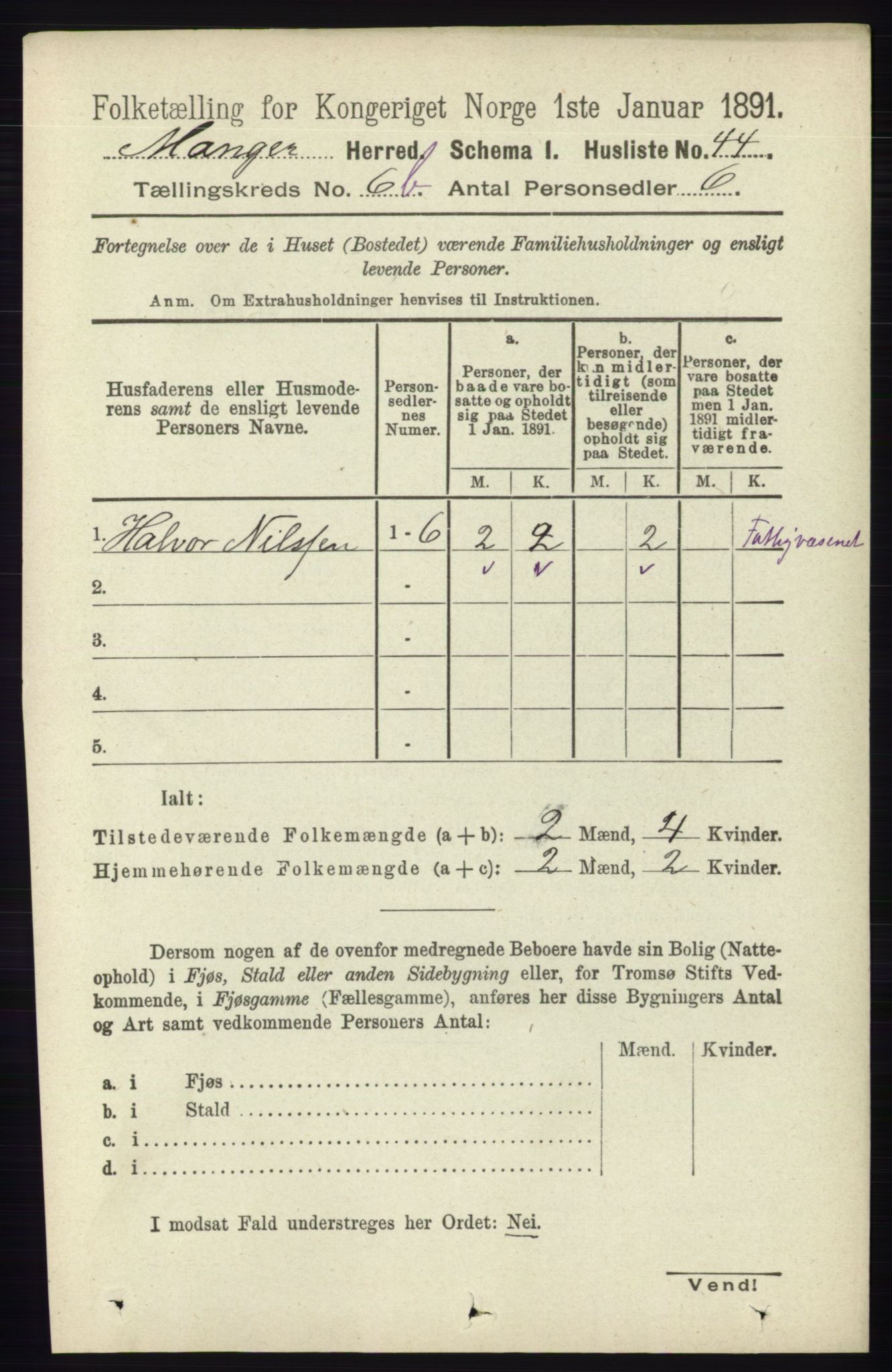 RA, 1891 census for 1261 Manger, 1891, p. 3988