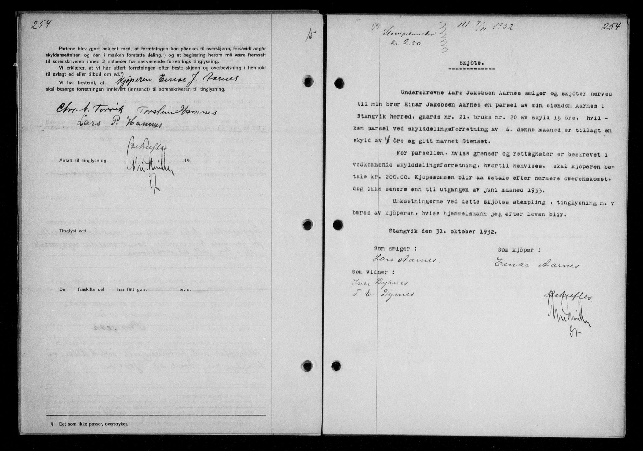 Nordmøre sorenskriveri, AV/SAT-A-4132/1/2/2Ca/L0076: Mortgage book no. 66, 1932-1933, Deed date: 07.11.1932