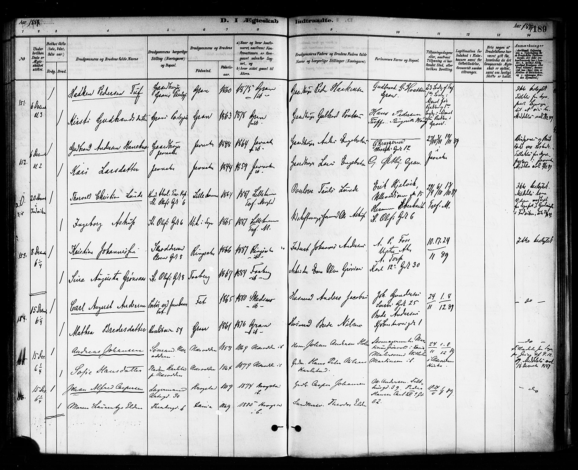 Trefoldighet prestekontor Kirkebøker, AV/SAO-A-10882/F/Fc/L0003: Parish register (official) no. III 3, 1881-1891, p. 189