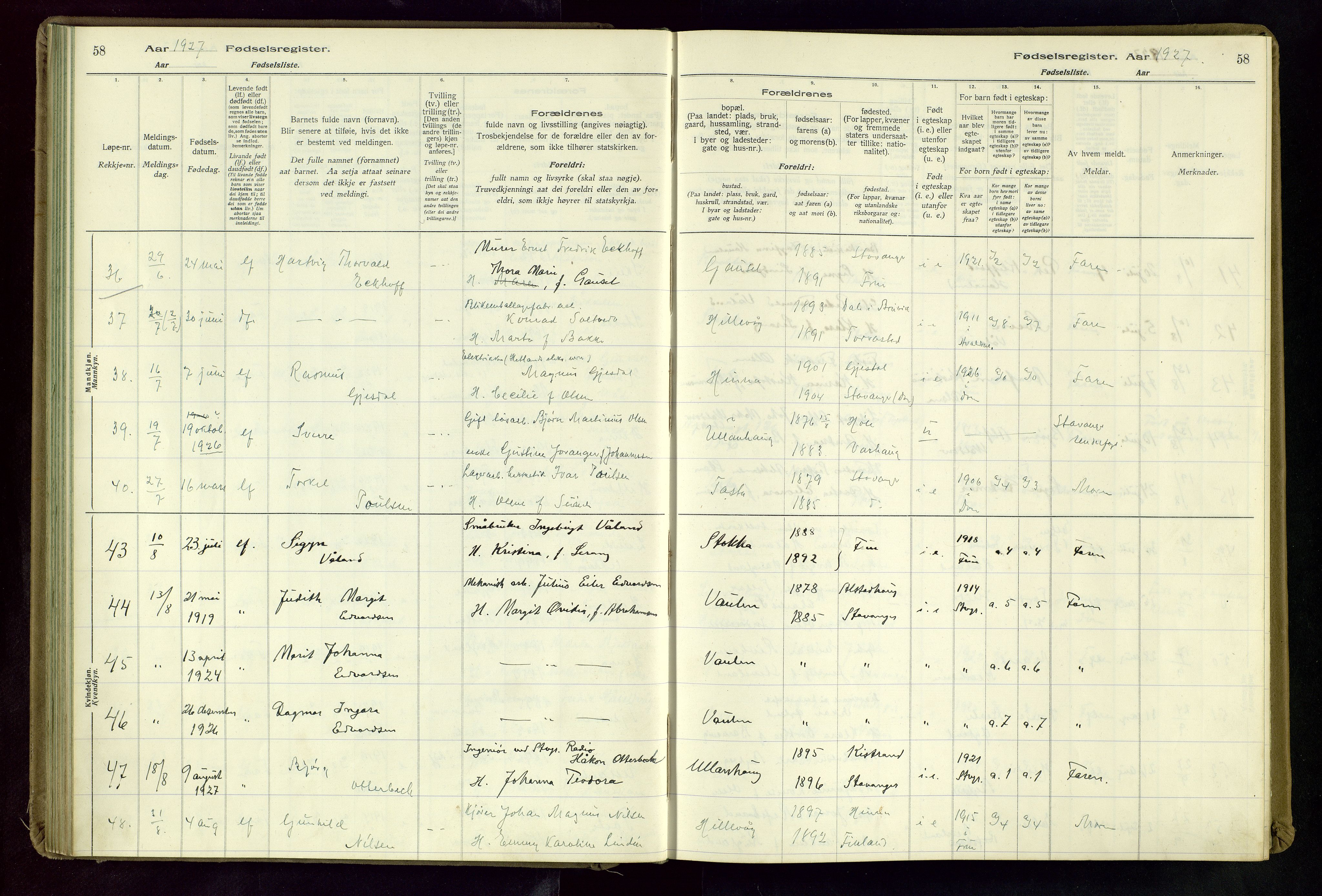 Hetland sokneprestkontor, AV/SAST-A-101826/70/704BA/L0004: Birth register no. 4, 1923-1937, p. 58