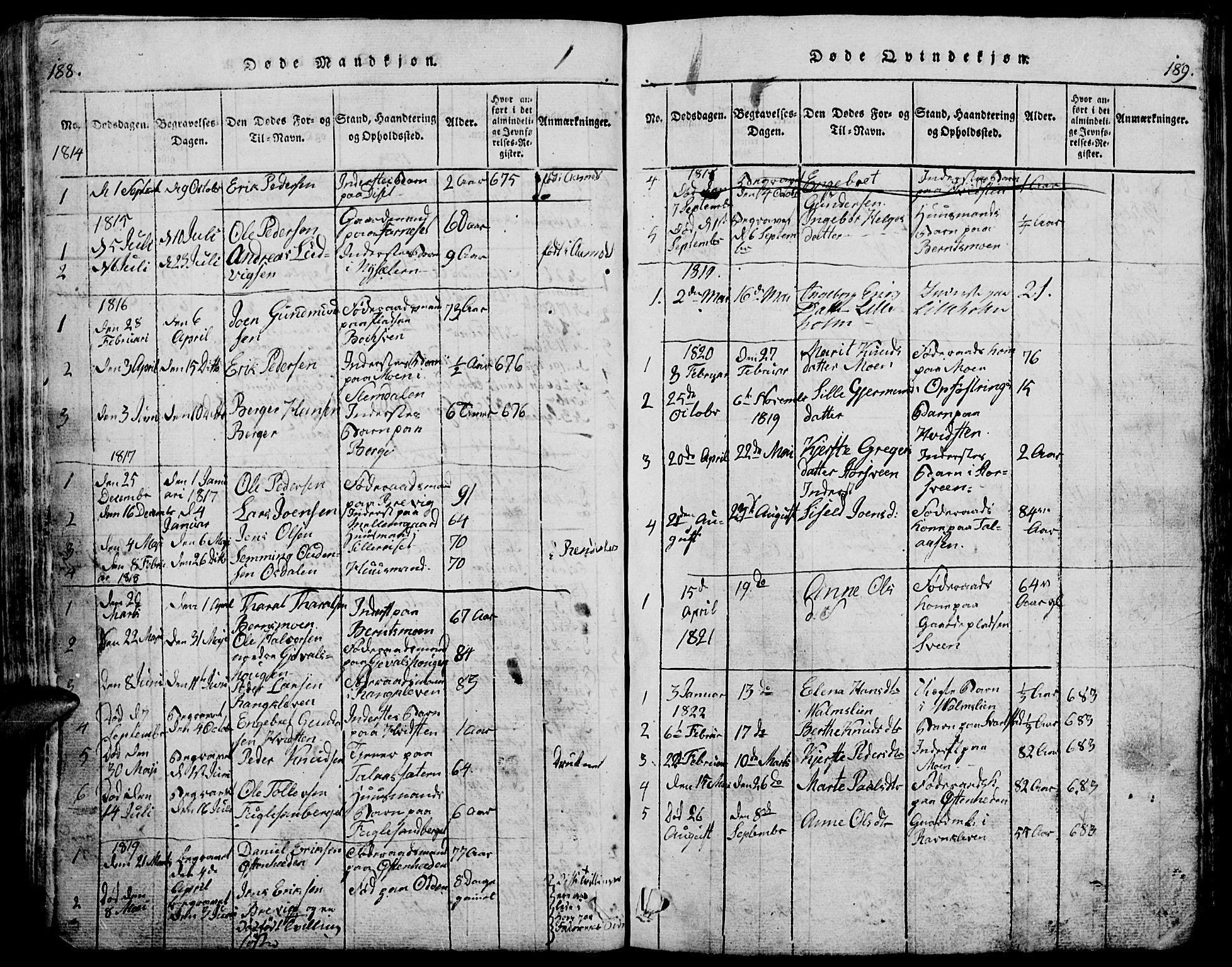 Trysil prestekontor, SAH/PREST-046/H/Ha/Hab/L0005: Parish register (copy) no. 5, 1814-1877, p. 188-189