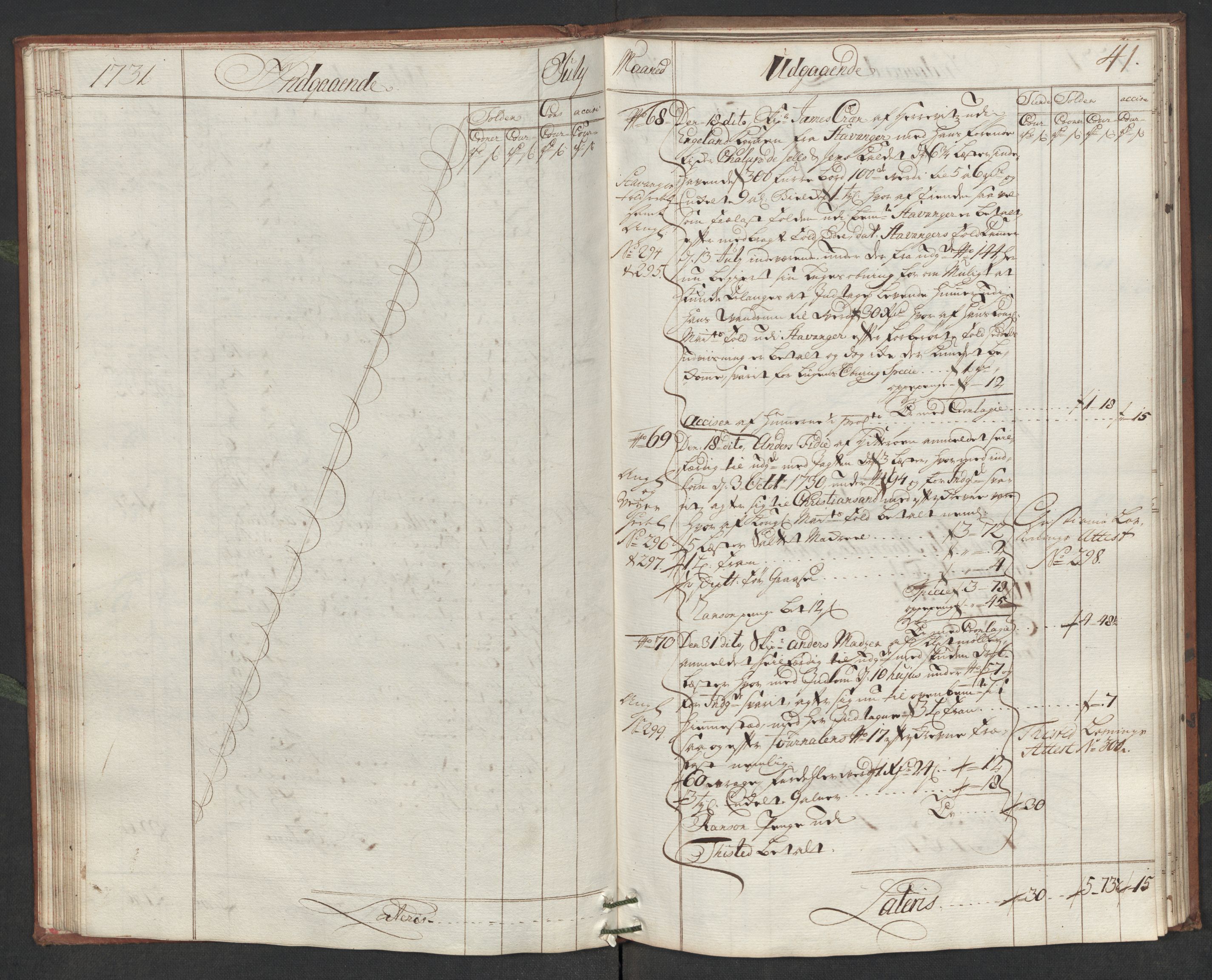 Generaltollkammeret, tollregnskaper, AV/RA-EA-5490/R19/L0006/0001: Tollregnskaper Flekkefjord / Hovedtollbok, 1731, p. 40b-41a