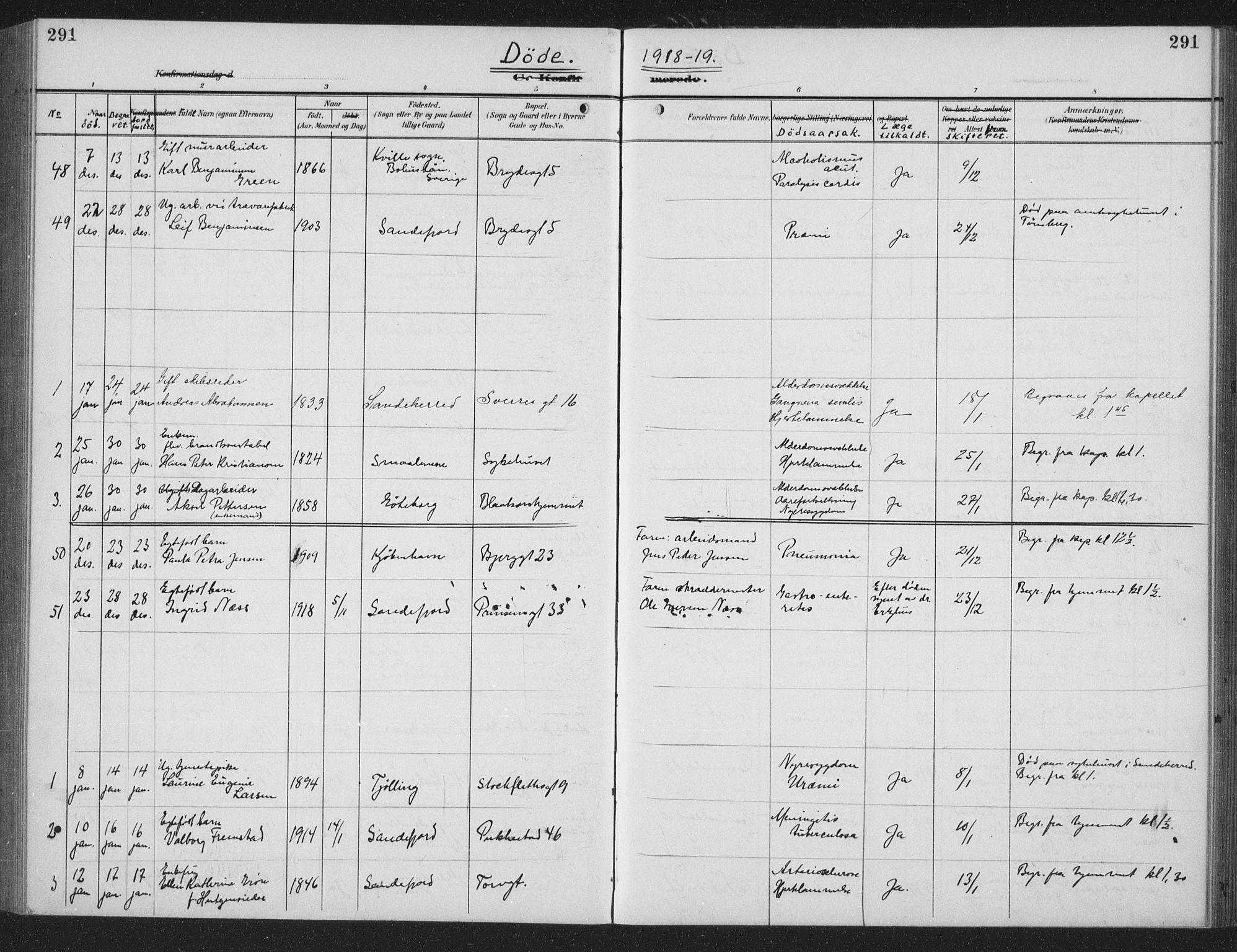 Sandefjord kirkebøker, AV/SAKO-A-315/G/Ga/L0003: Parish register (copy) no. 3, 1903-1920, p. 291
